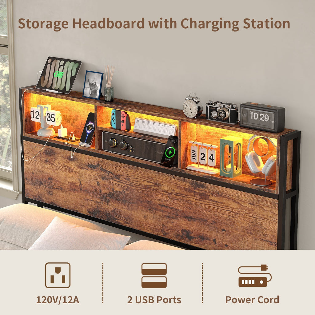 Full LED Bed Frame with LED, USB Charging, Storage Drawers, No Box Spring Needed - Vektaya