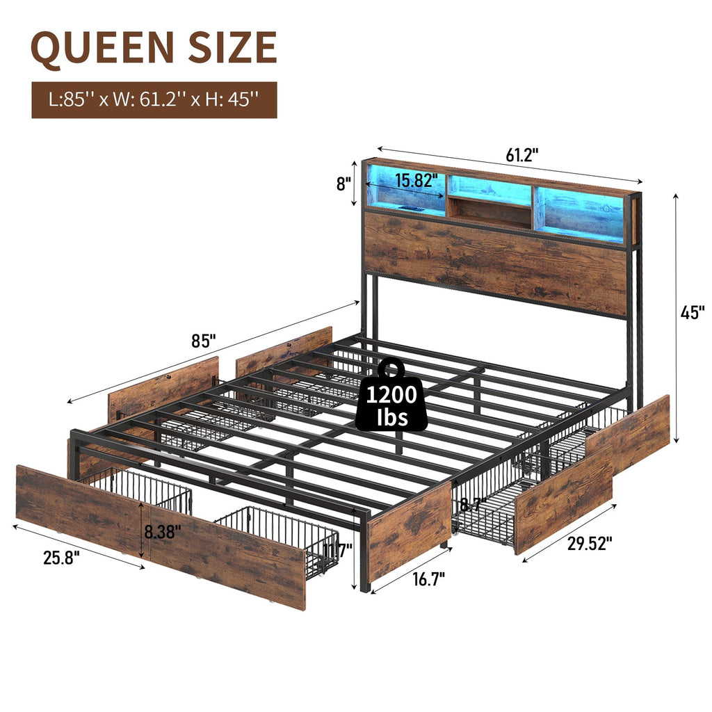 Full LED Bed Frame with LED, USB Charging, Storage Drawers, No Box Spring Needed - Vektaya