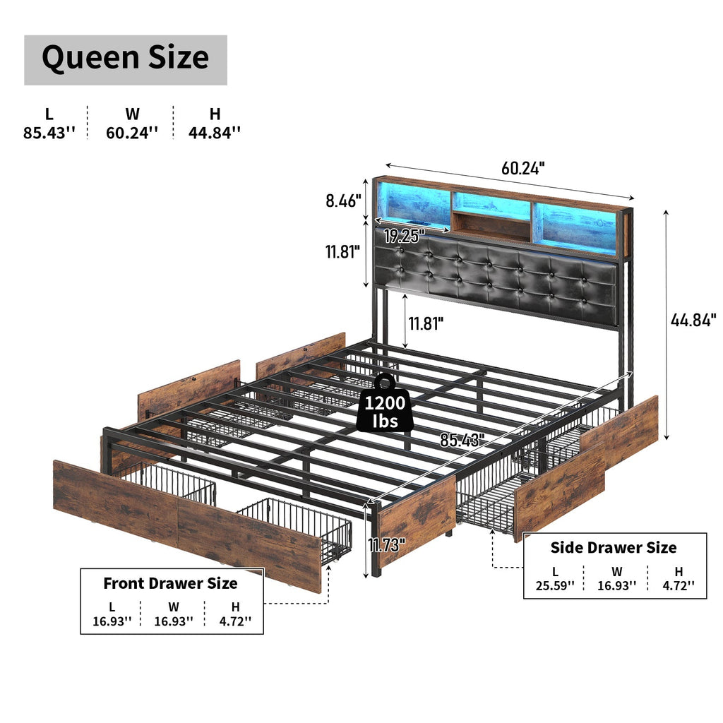 Full RGB LED Bed Frame with RGB LED, USB Charging, Storage Drawers, No Box Spring Needed - Vektaya