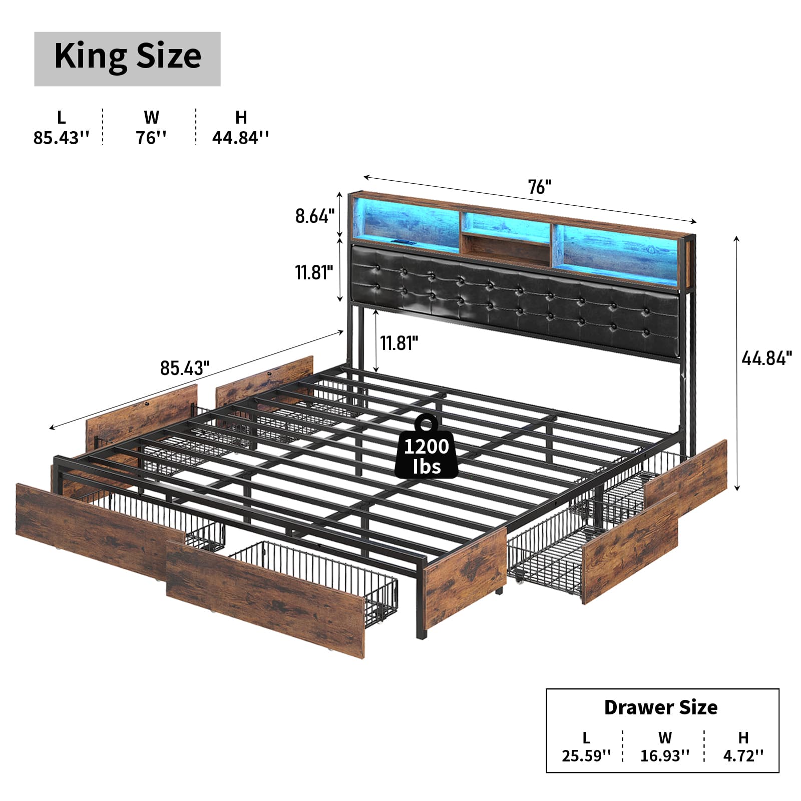 Full RGB LED Bed Frame with RGB LED, USB Charging, Storage Drawers, No Box Spring Needed - Vektaya