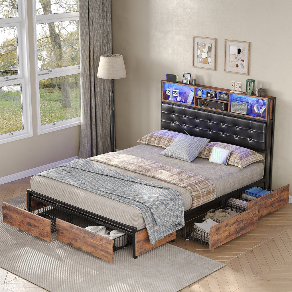 Full RGB LED Bed Frame with RGB LED, USB Charging, Storage Drawers, No Box Spring Needed - Vektaya