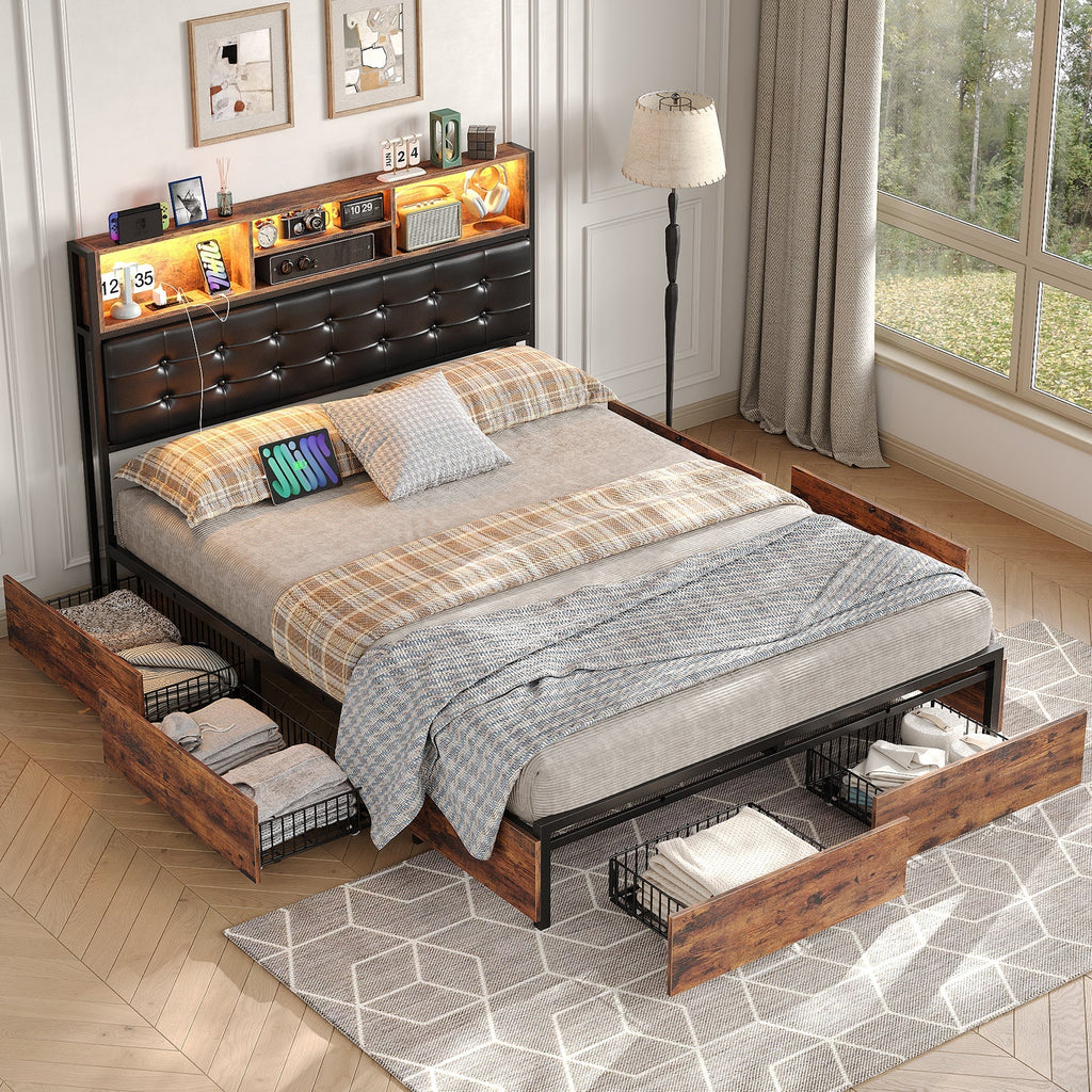 Full RGB LED Bed Frame with RGB LED, USB Charging, Storage Drawers, No Box Spring Needed - Vektaya