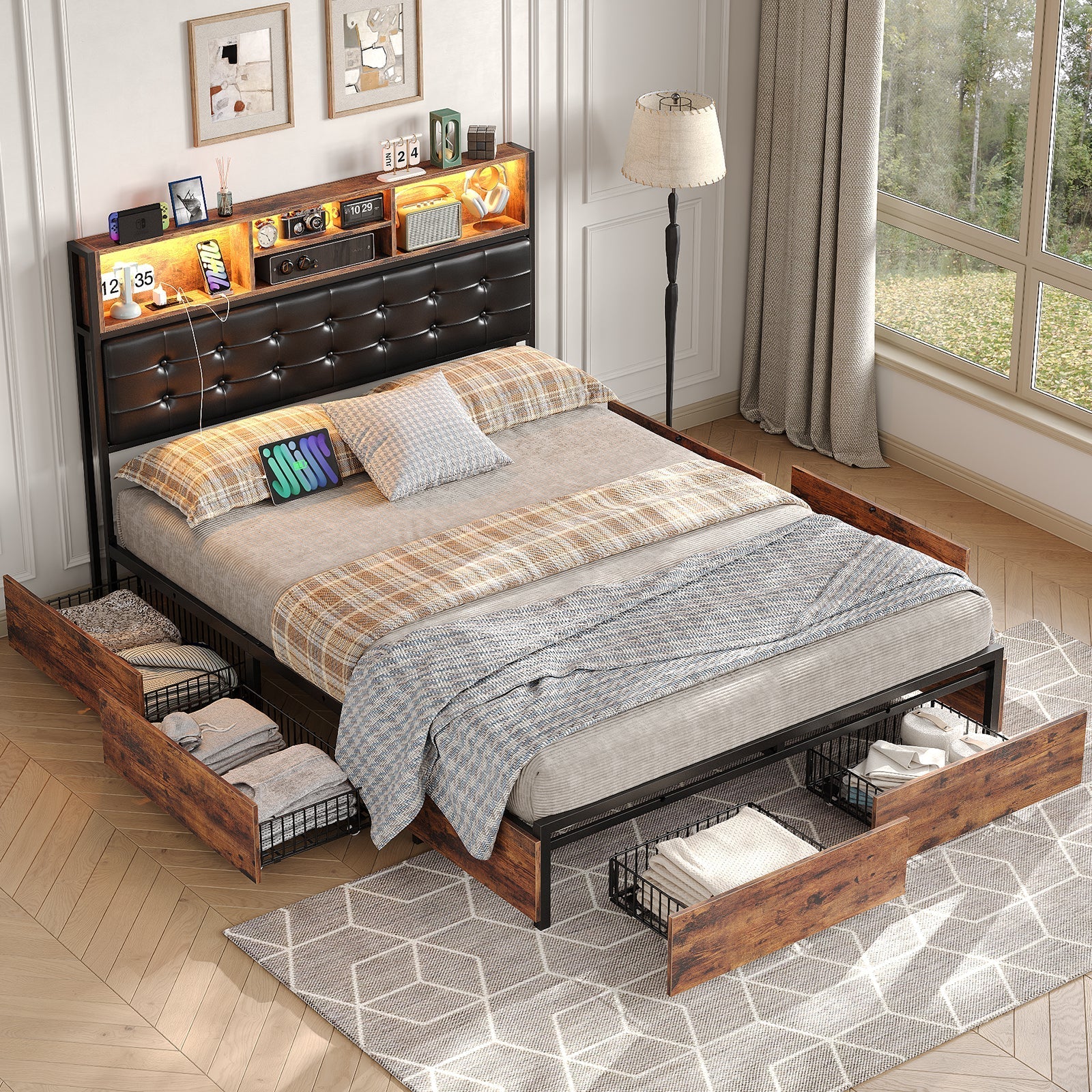 Full RGB LED Bed Frame with RGB LED, USB Charging, Storage Drawers, No Box Spring Needed - Vektaya