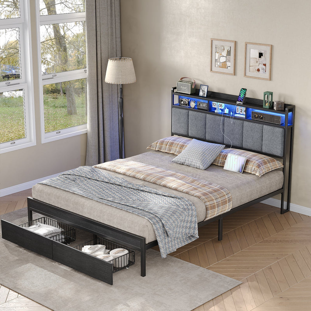 Full RGB LED Bed Frame with RGB LED, USB Charging, Storage Drawers, No Box Spring Needed Black - Vektaya