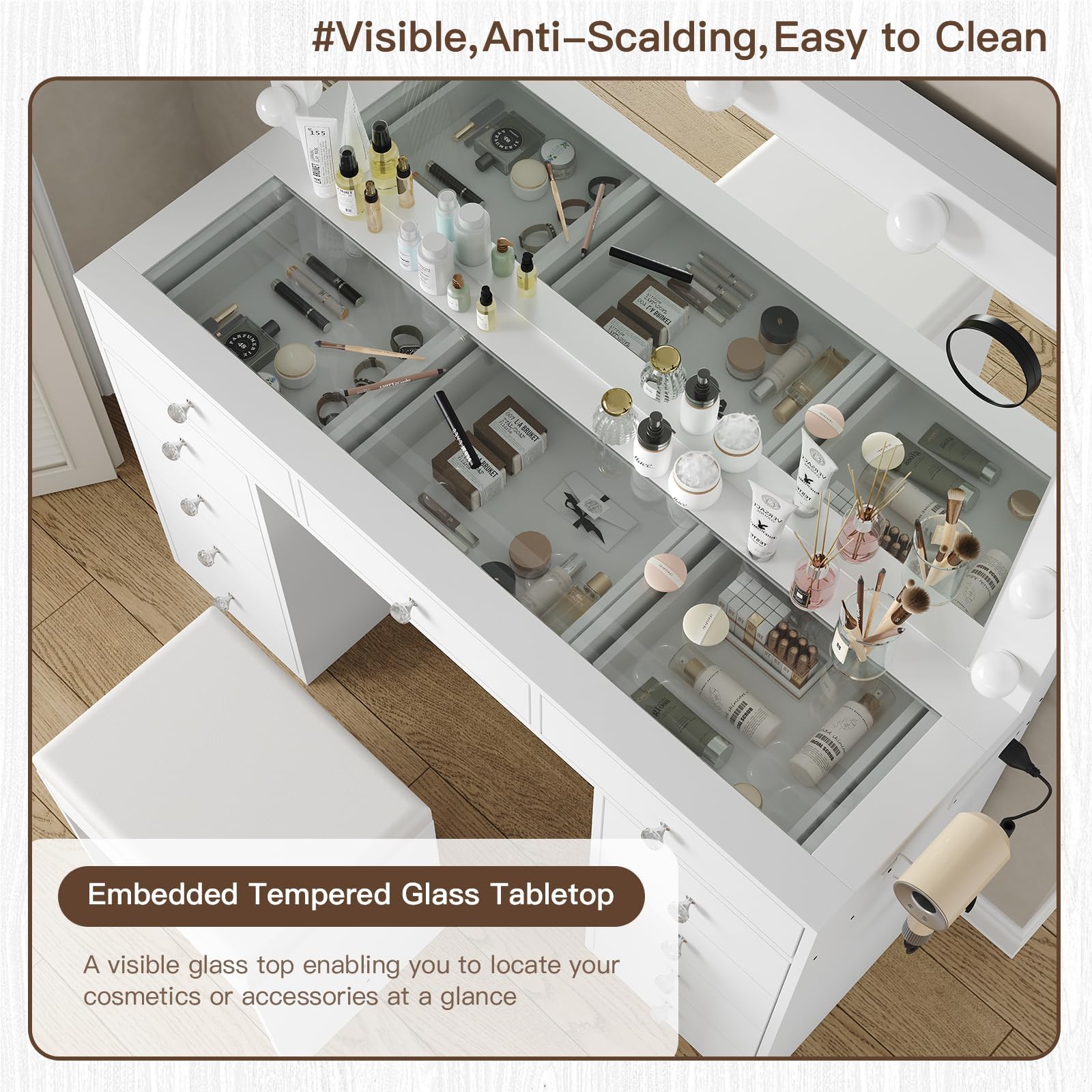 11-Drawer LED Mirror Vanity Desk - Vektaya