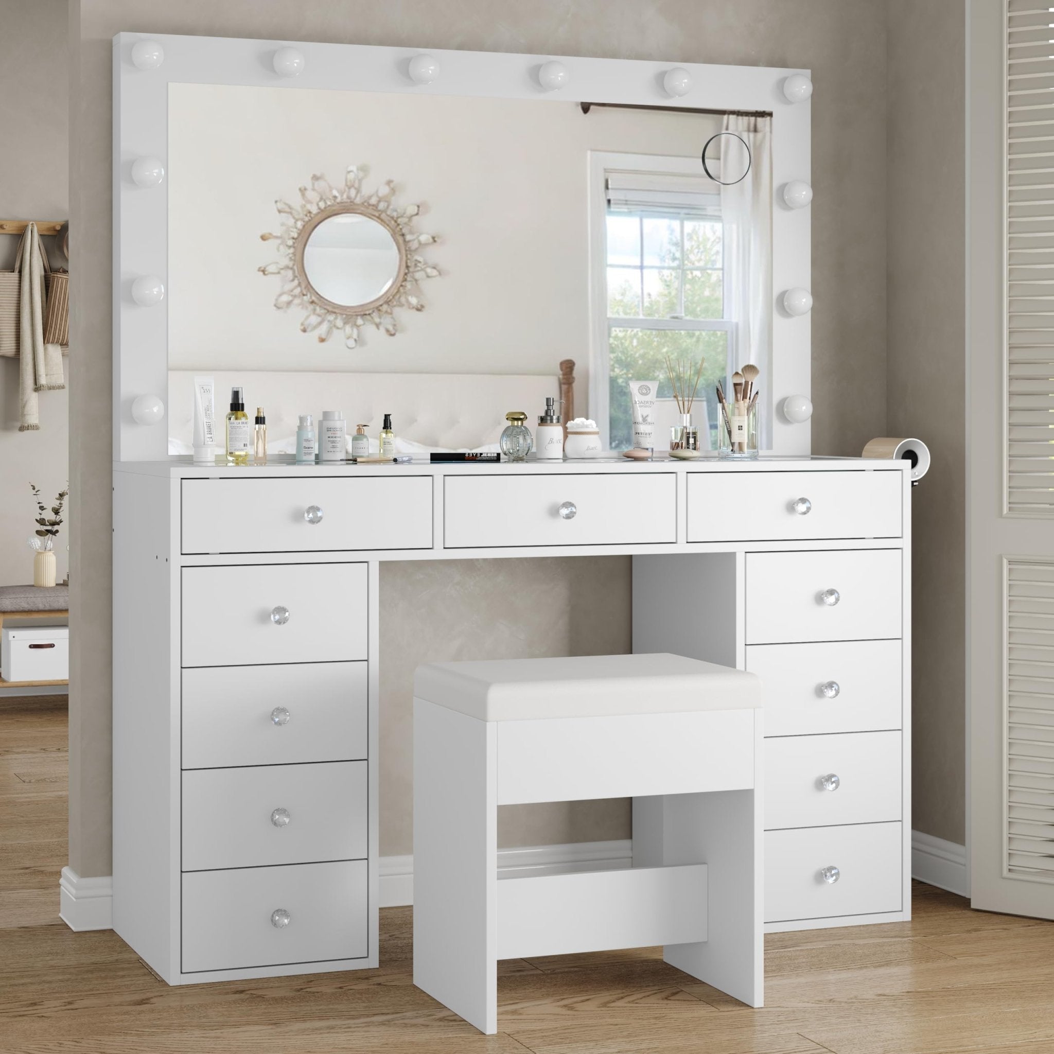 11-Drawer LED Mirror Vanity Desk - Vektaya