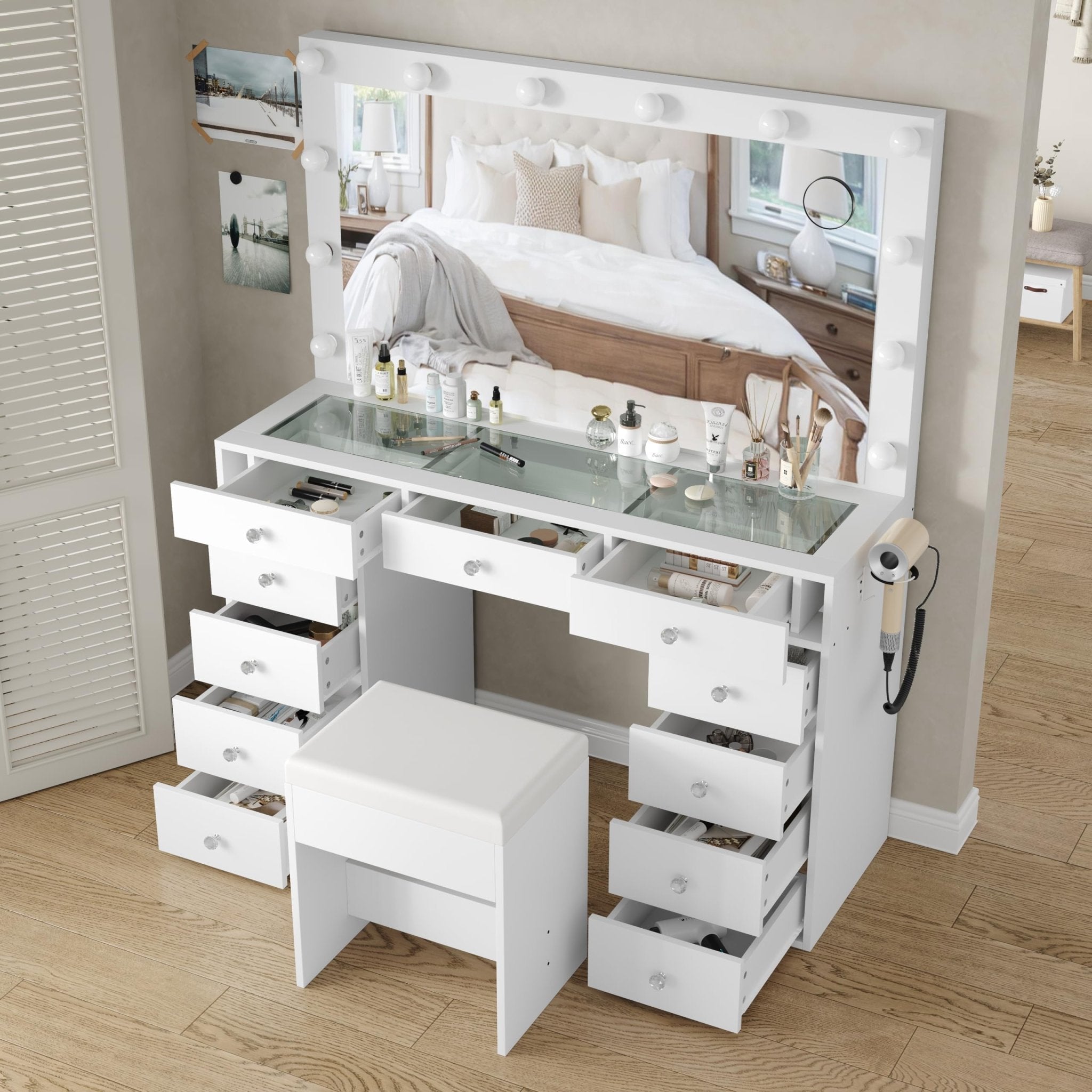11-Drawer LED Mirror Vanity Desk - Vektaya