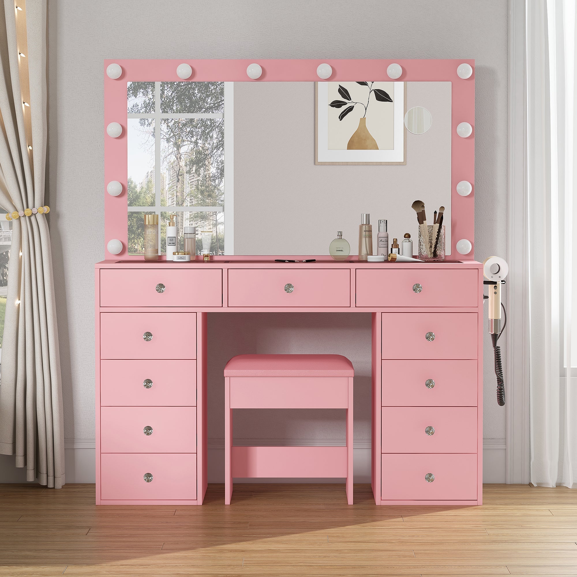 11-Drawer LED Mirror Vanity Desk - Vektaya