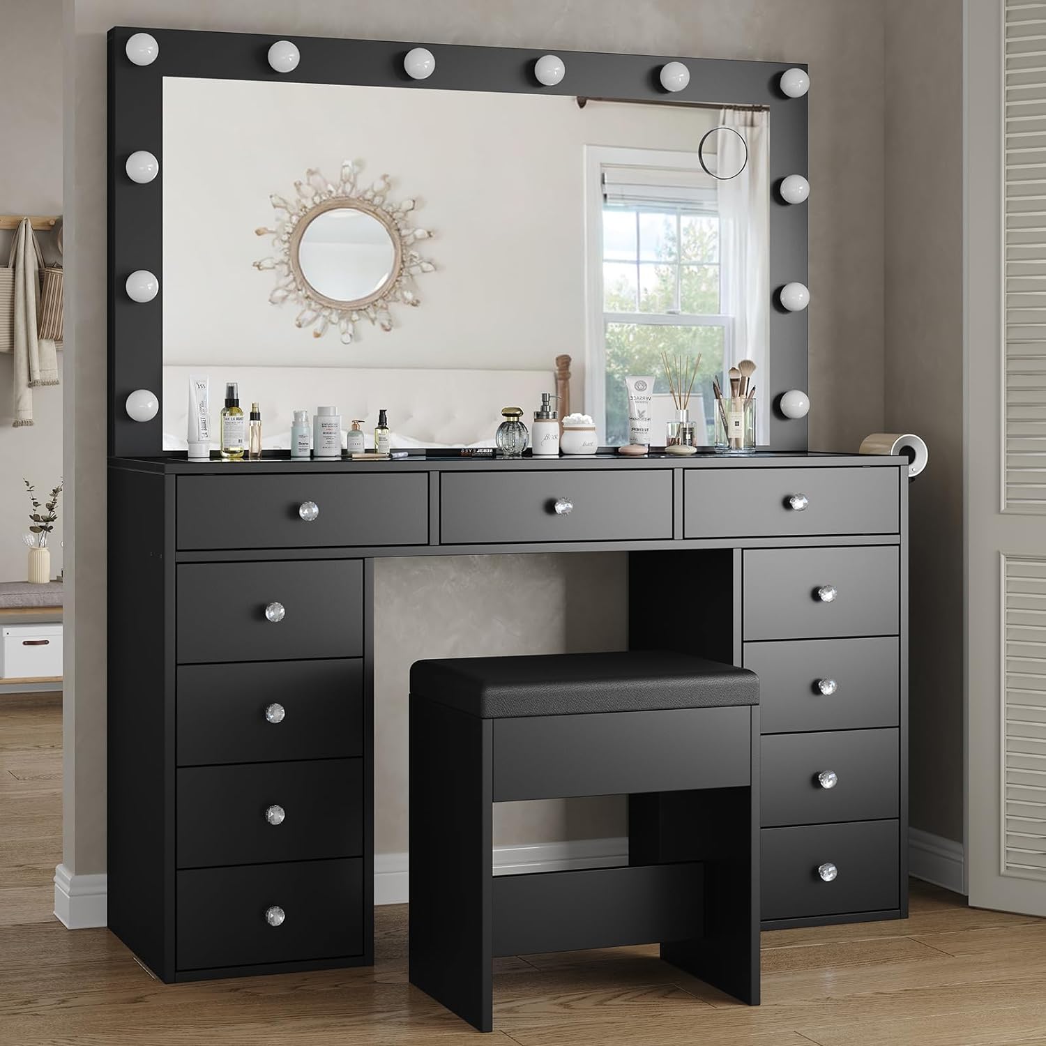 11-Drawer LED Mirror Vanity Desk - Vektaya