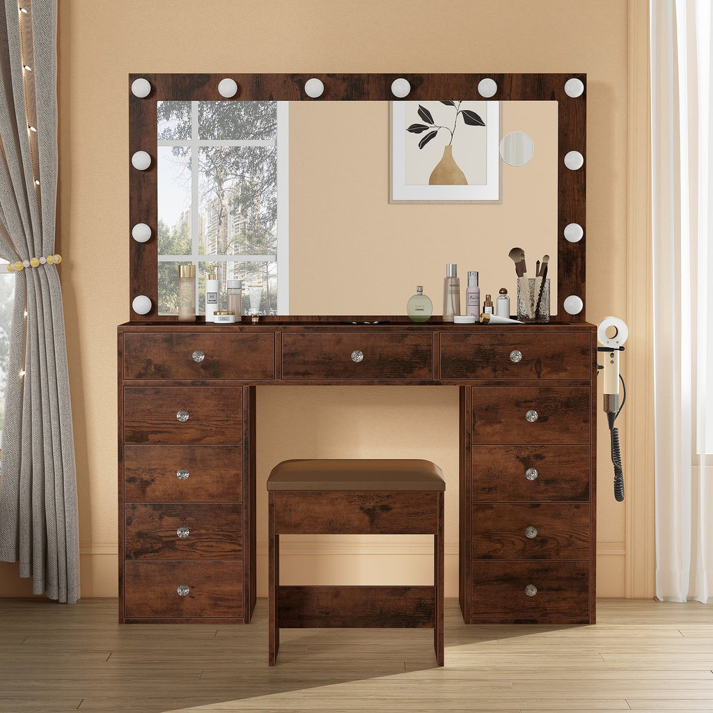 11-Drawer LED Mirror Vanity Desk - Vektaya