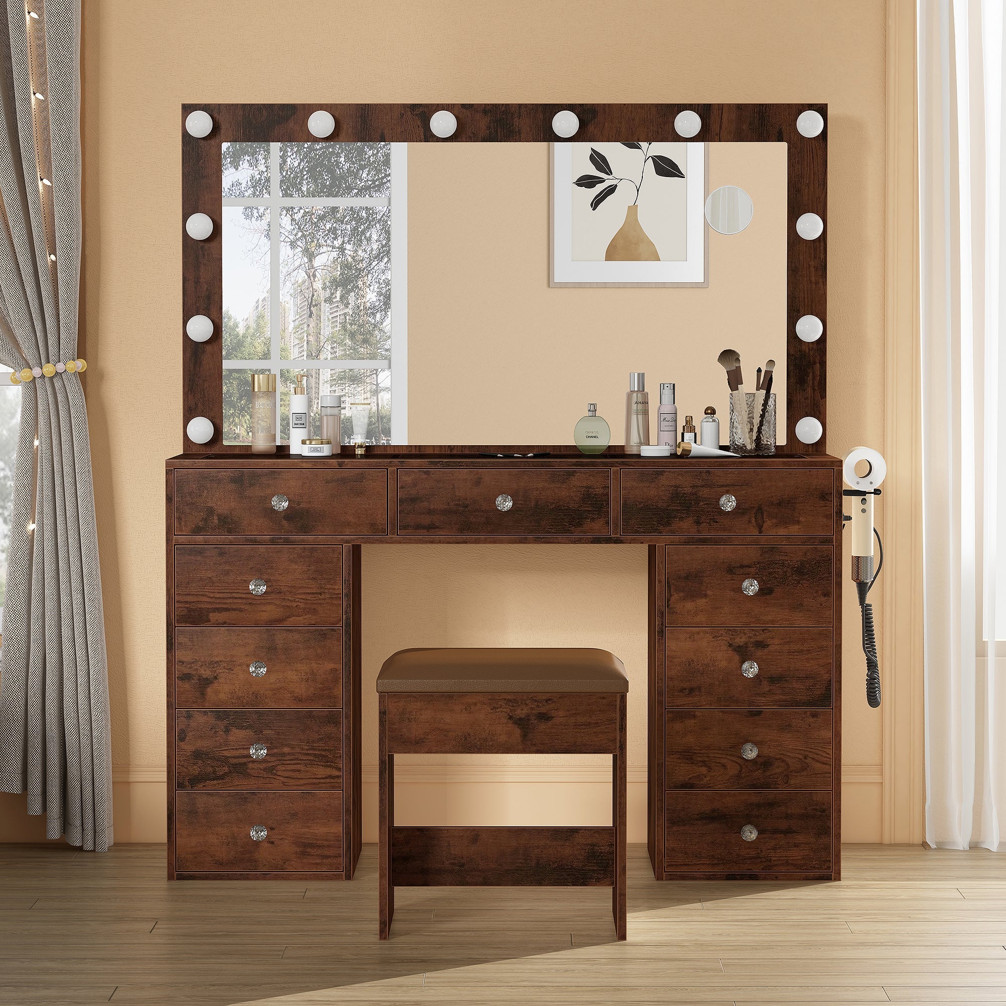 11-Drawer LED Mirror Vanity Desk - Vektaya