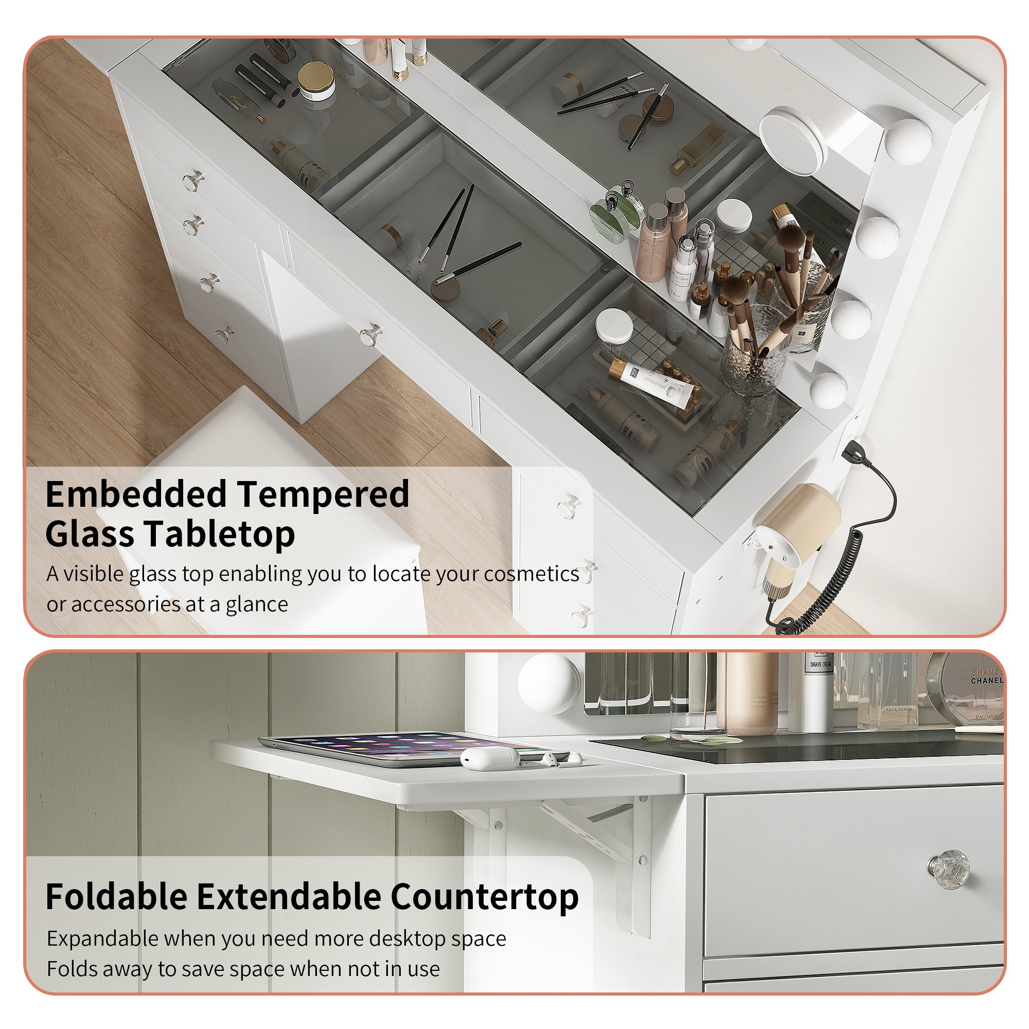 9-Drawer LED Mirror Vanity Desk - Vektaya