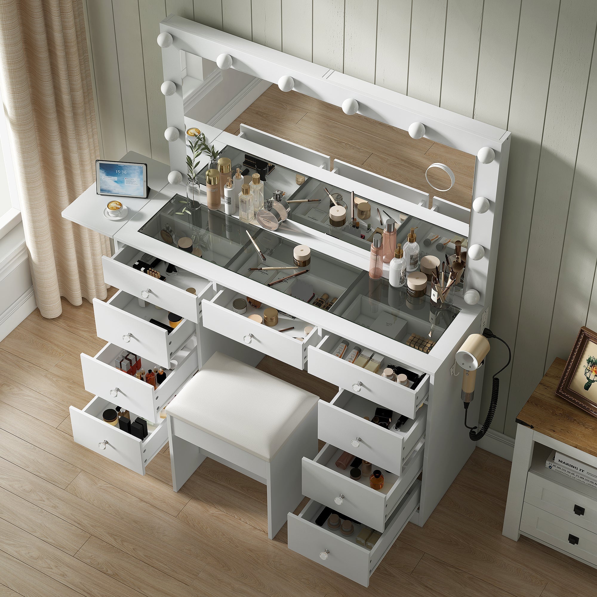 9-Drawer LED Mirror Vanity Desk - Vektaya