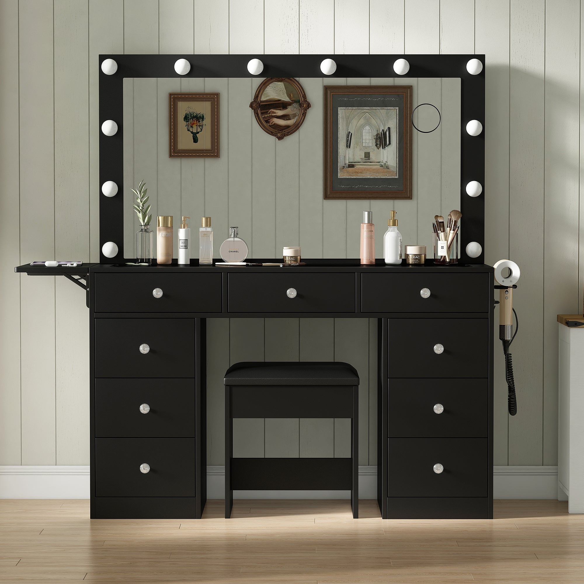 9-Drawer LED Mirror Vanity Desk - Vektaya