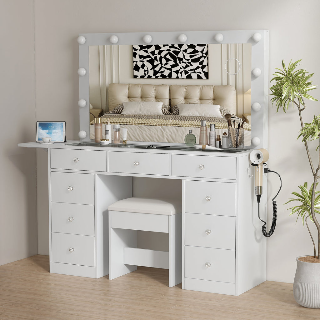 9-Drawer LED Mirror Vanity Desk - Vektaya