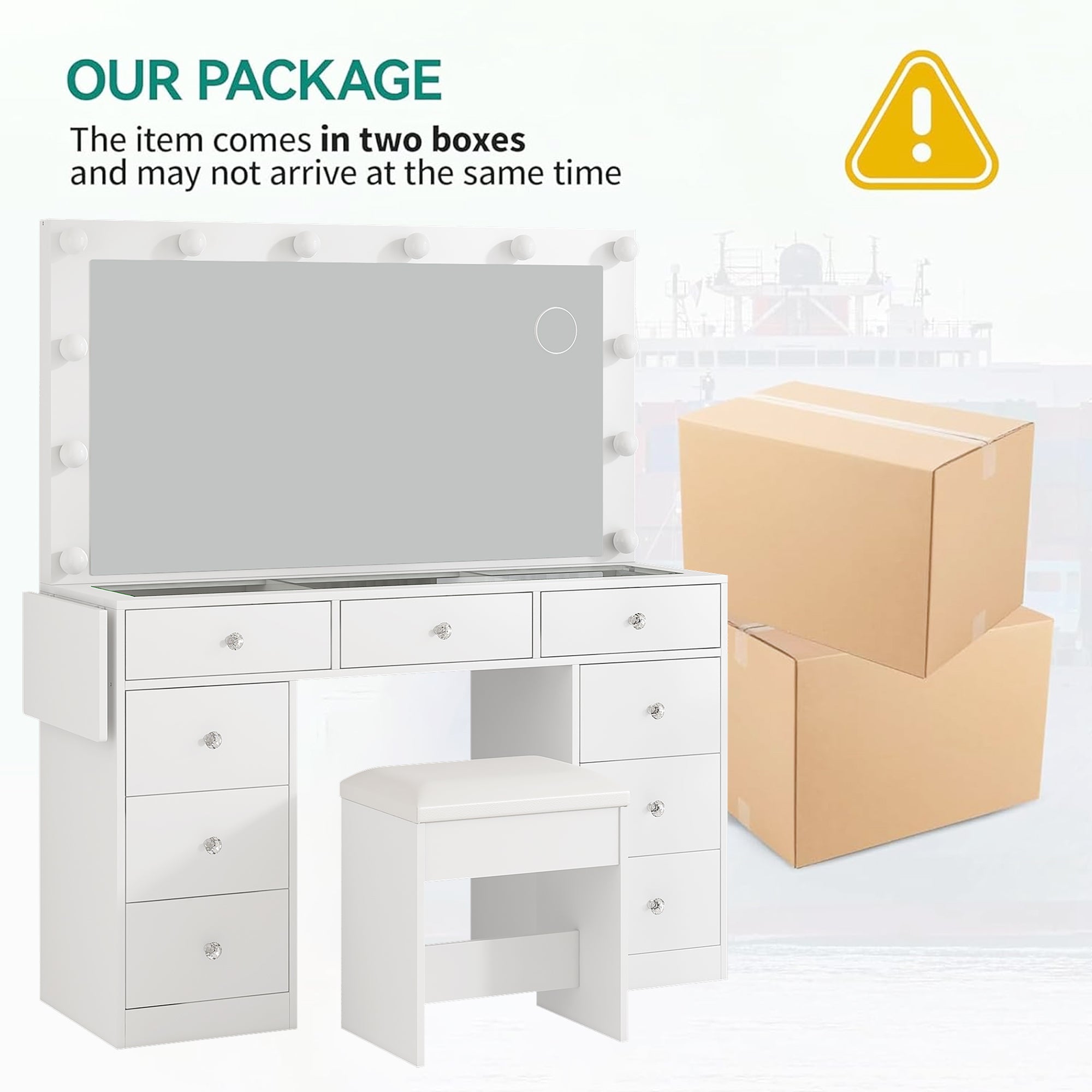 9-Drawer LED Mirror Vanity Desk - Vektaya