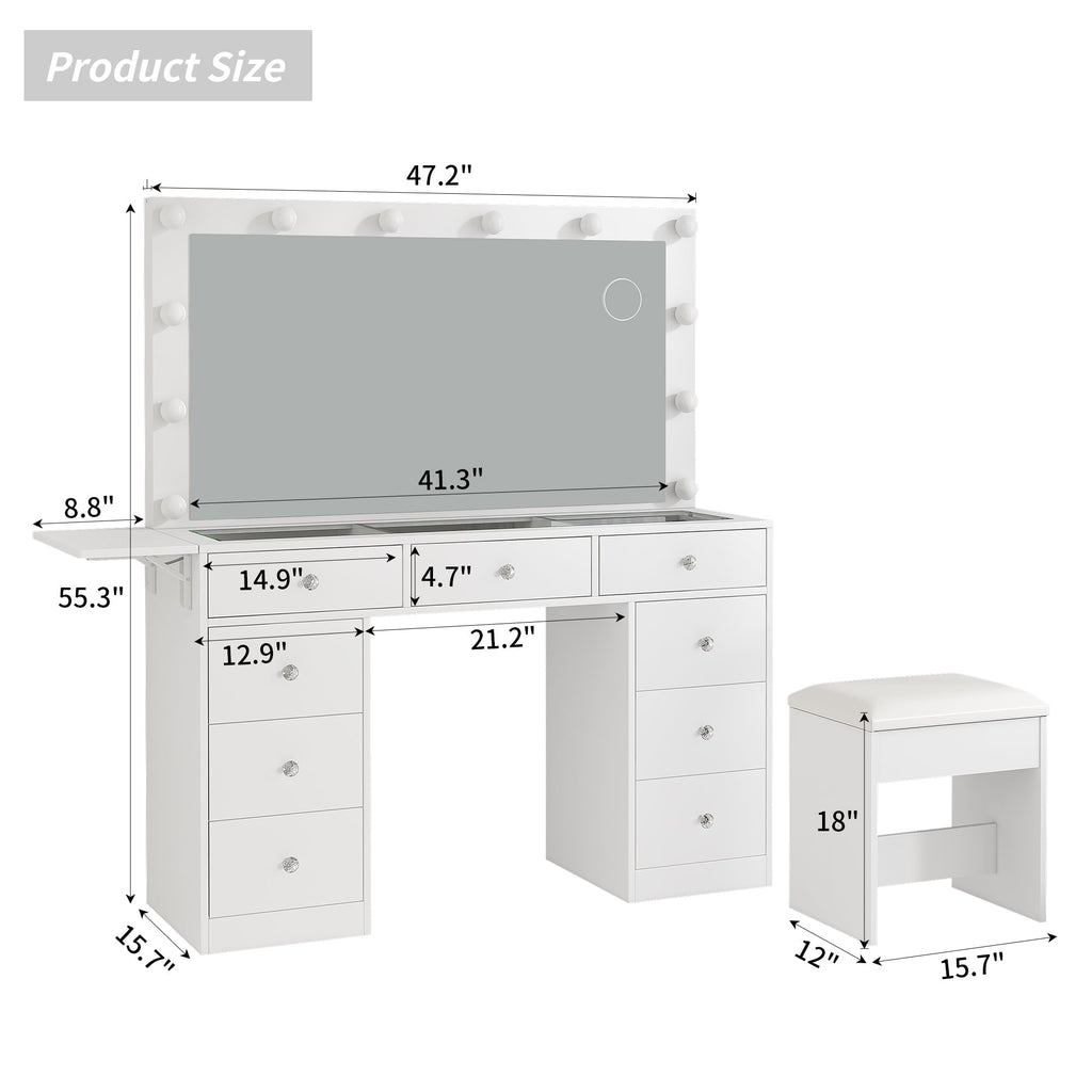 9-Drawer LED Mirror Vanity Desk - Vektaya