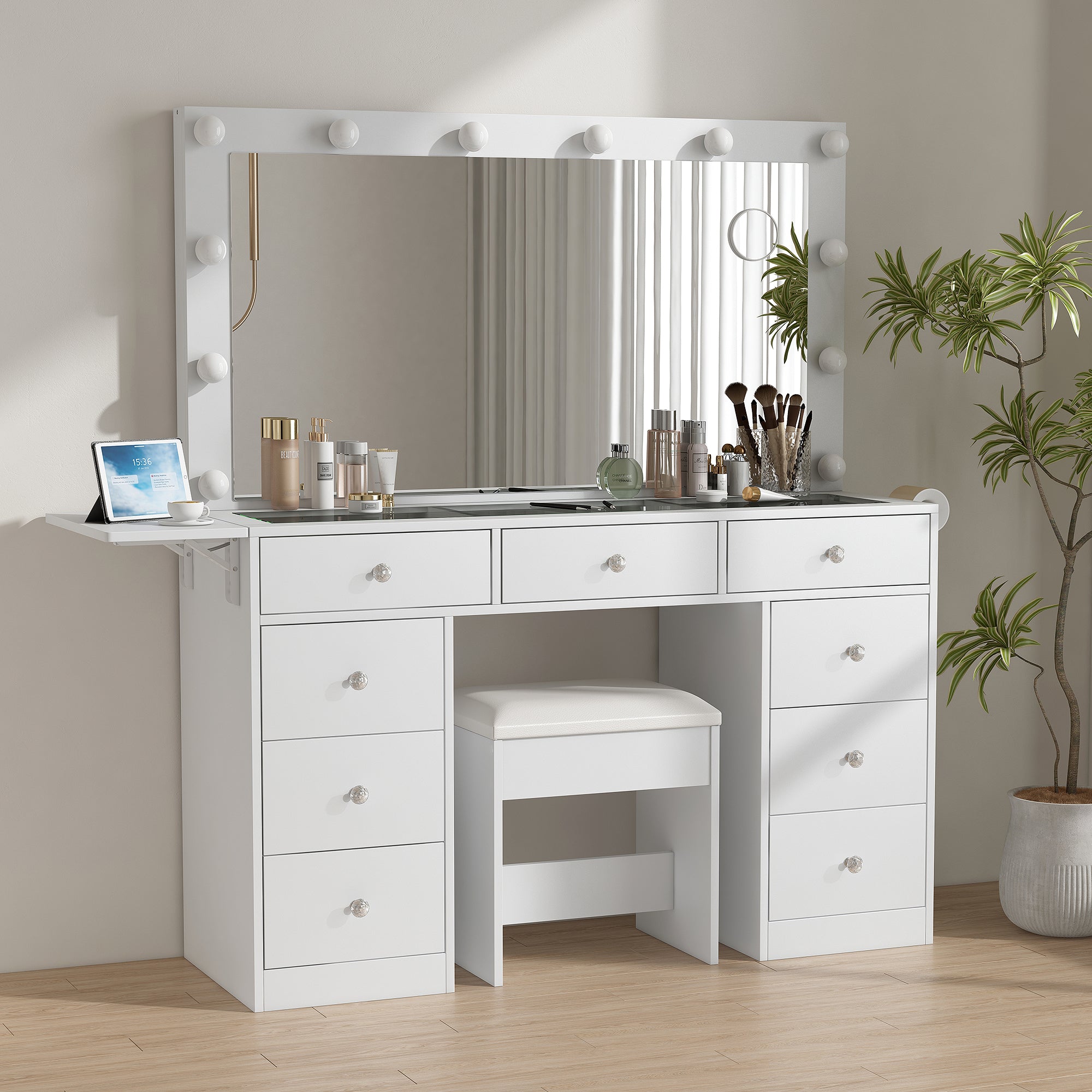 9-Drawer LED Mirror Vanity Desk - Vektaya