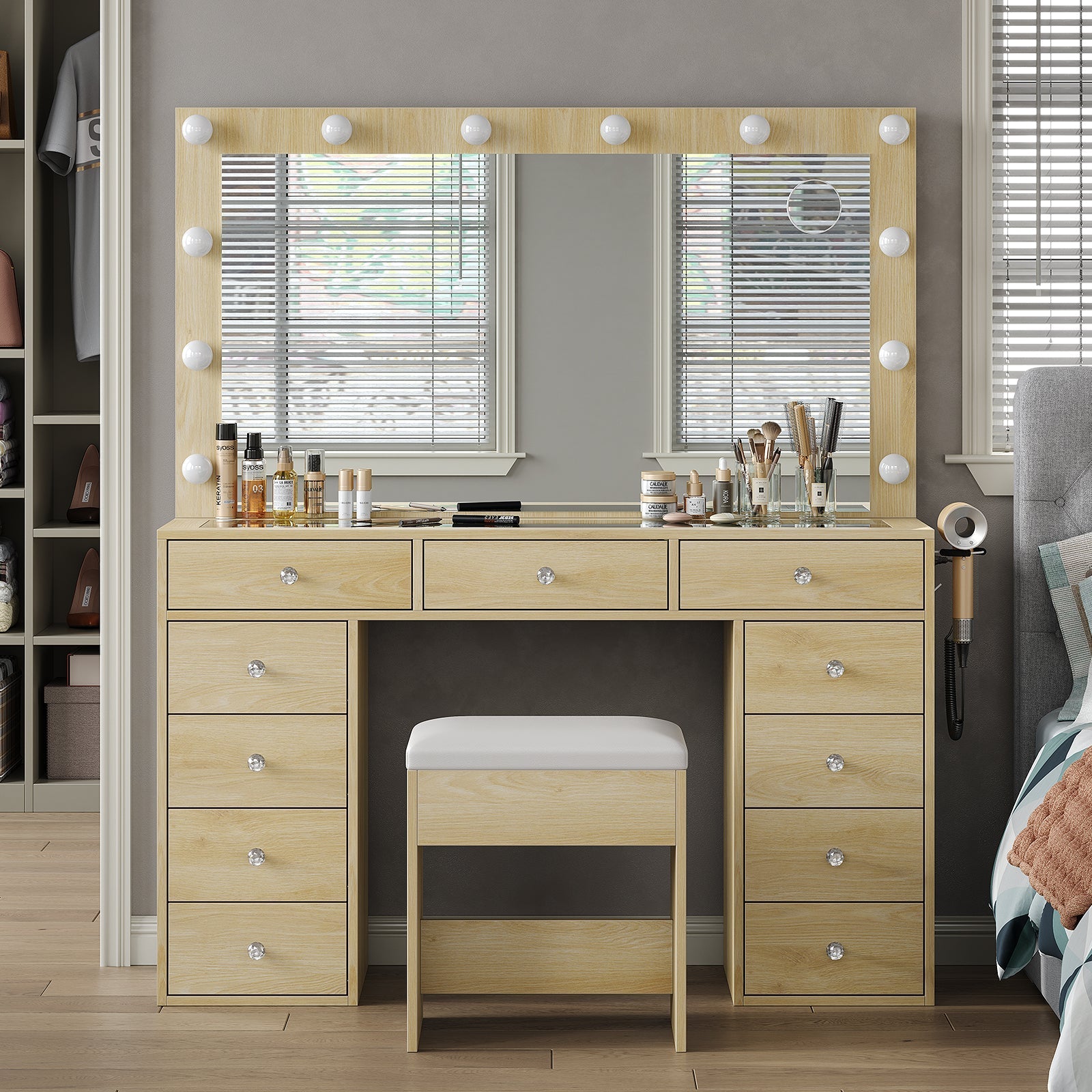 11-Drawer LED Mirror Vanity Desk - Vektaya