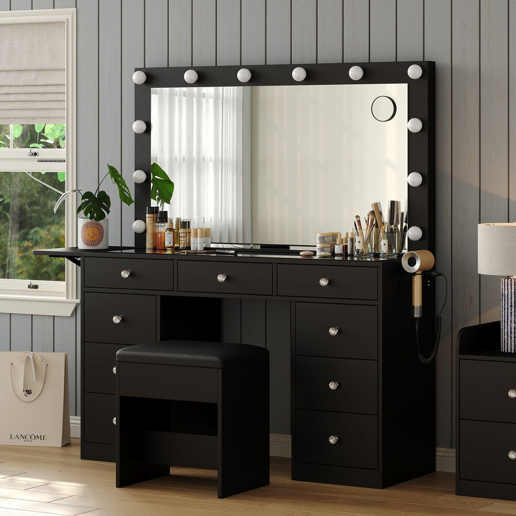 9-Drawer LED Mirror Vanity Desk - Vektaya