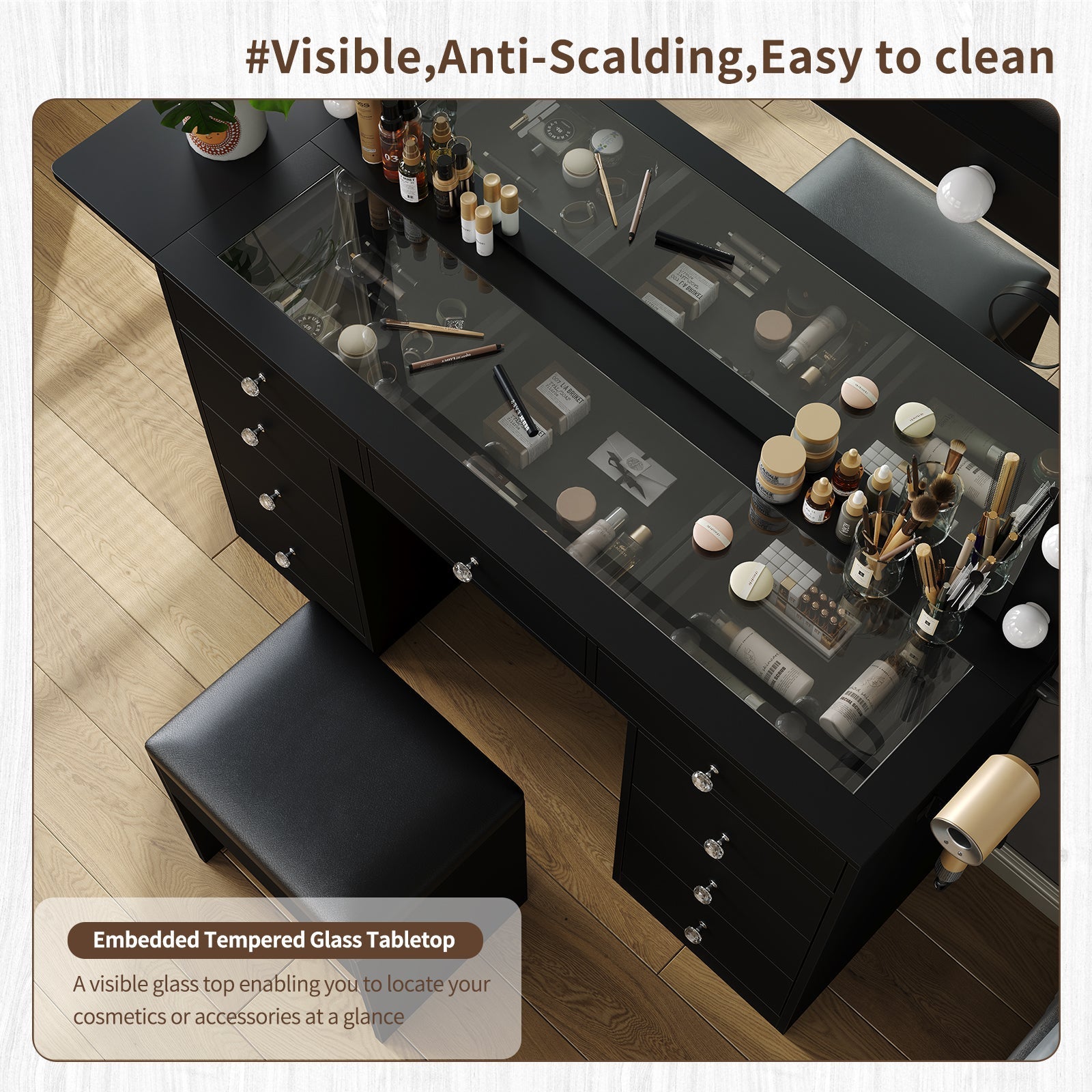 9-Drawer LED Mirror Vanity Desk - Vektaya