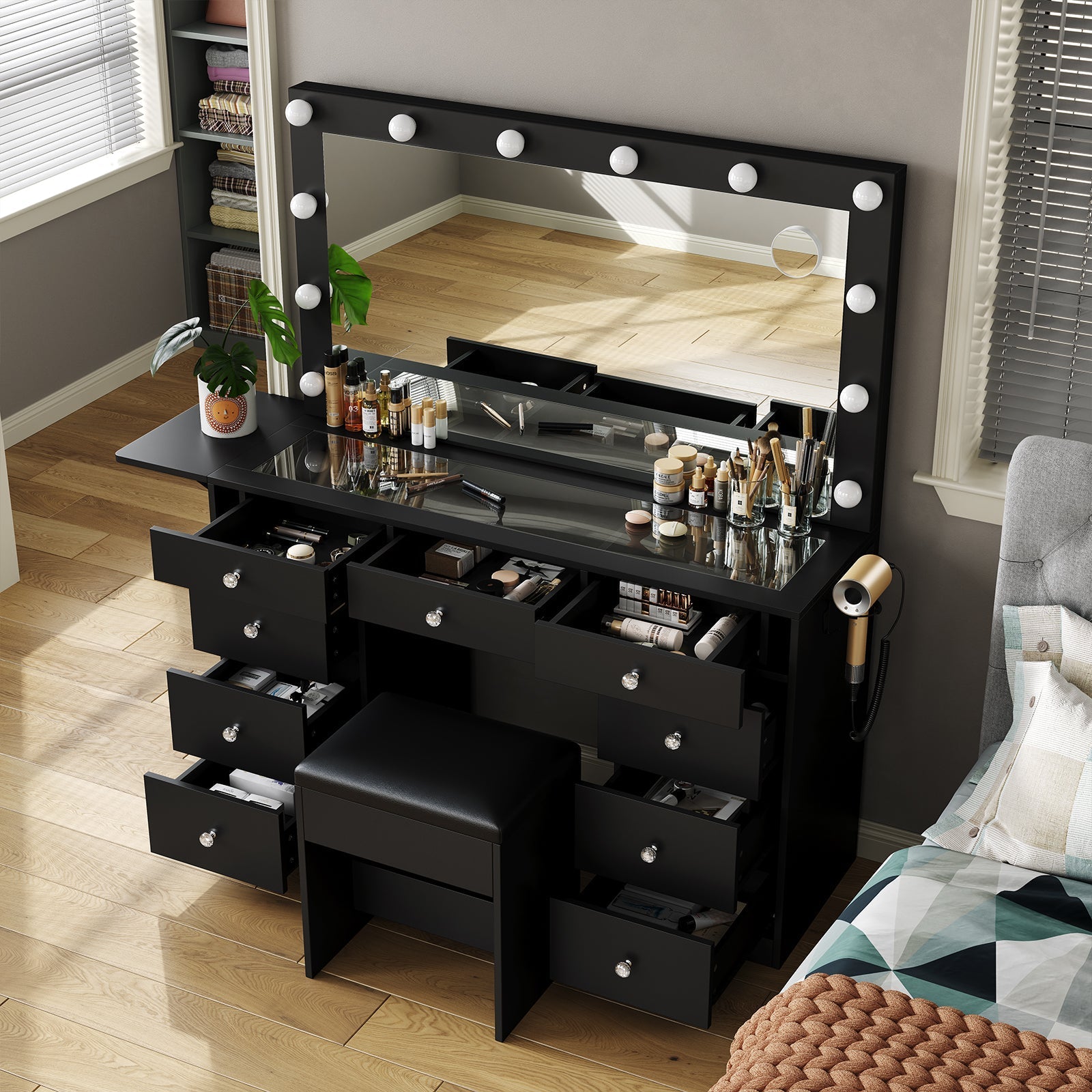 9-Drawer LED Mirror Vanity Desk - Vektaya