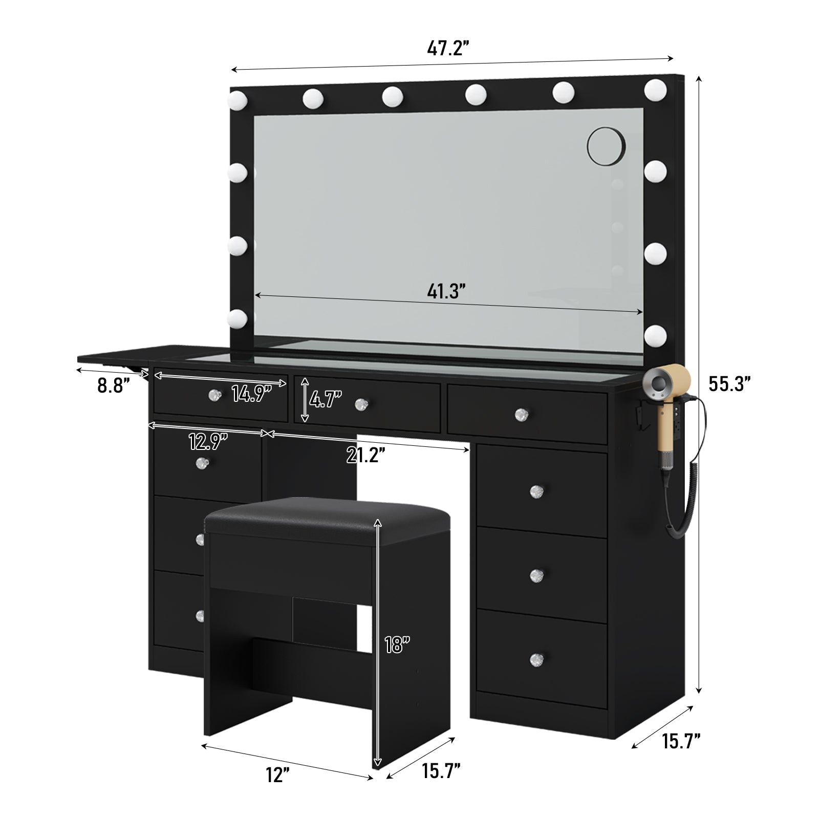 9-Drawer LED Mirror Vanity Desk - Vektaya