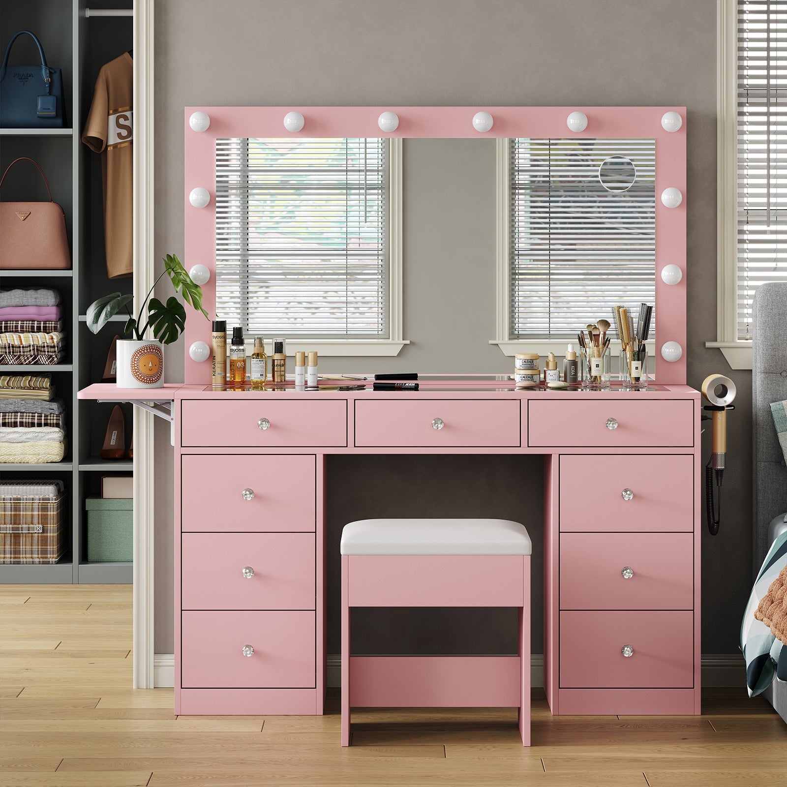 9-Drawer LED Mirror Vanity Desk - Vektaya