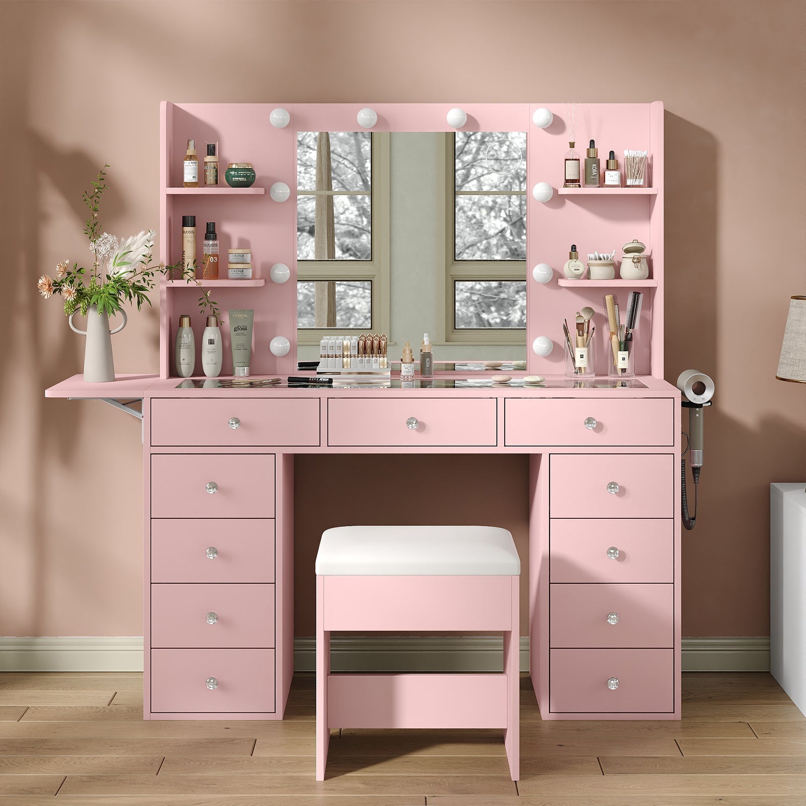 11-Drawer LED Mirror Vanity Desk - Vektaya