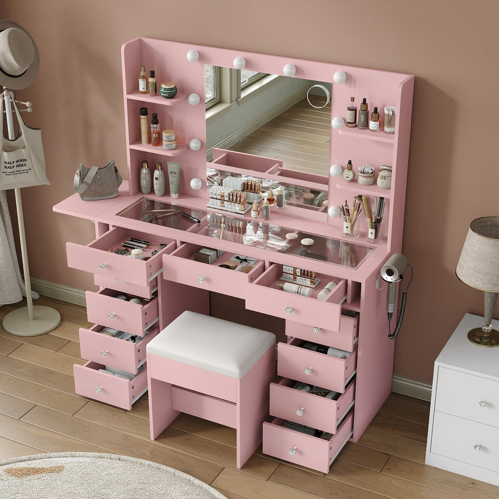 11-Drawer LED Mirror Vanity Desk - Vektaya