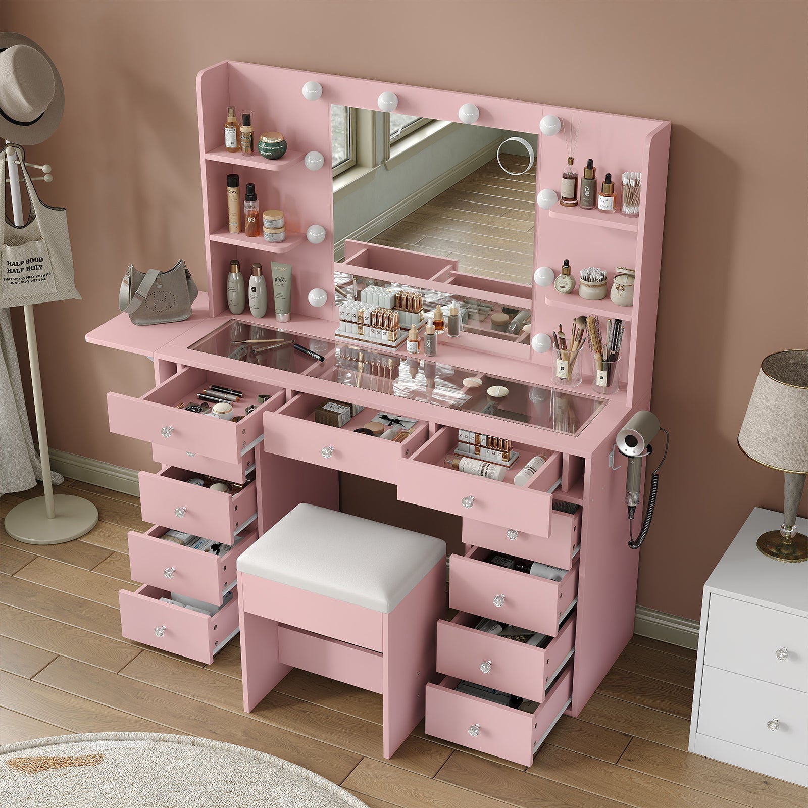11-Drawer LED Mirror Vanity Desk - Vektaya