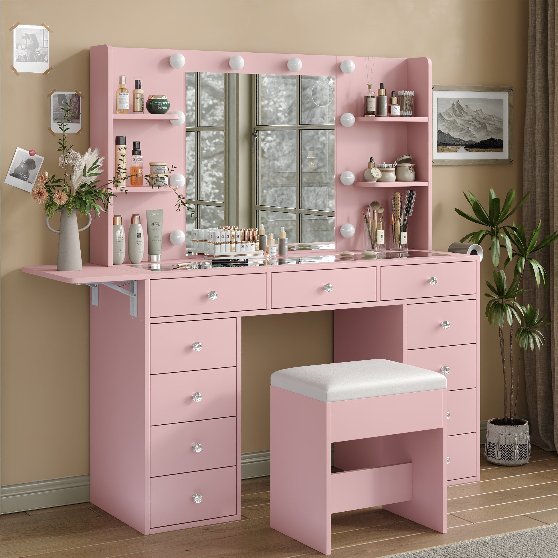 11-Drawer LED Mirror Vanity Desk - Vektaya