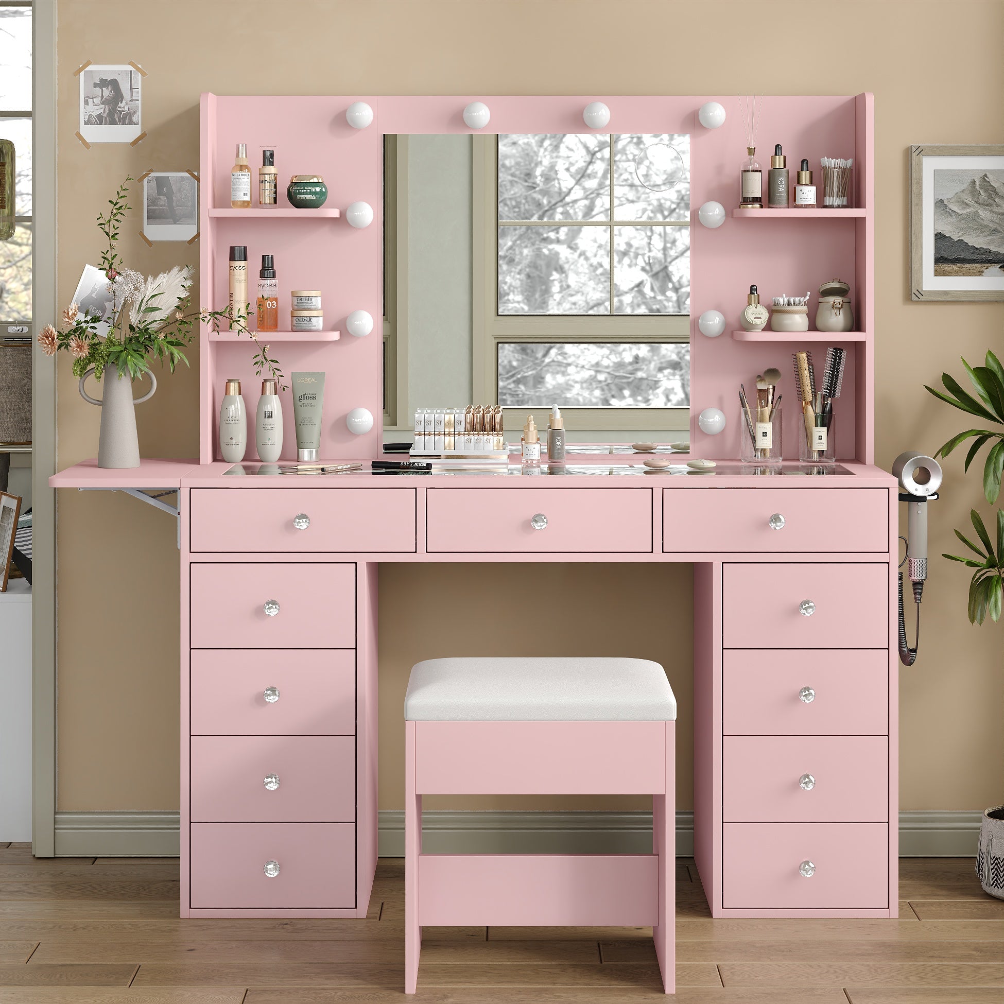11-Drawer LED Mirror Vanity Desk - Vektaya