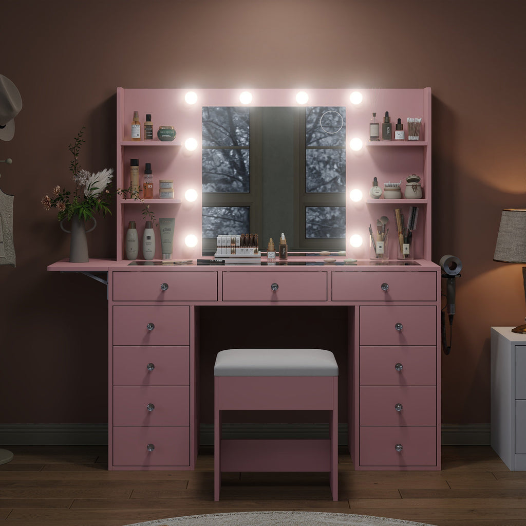 11-Drawer LED Mirror Vanity Desk - Vektaya