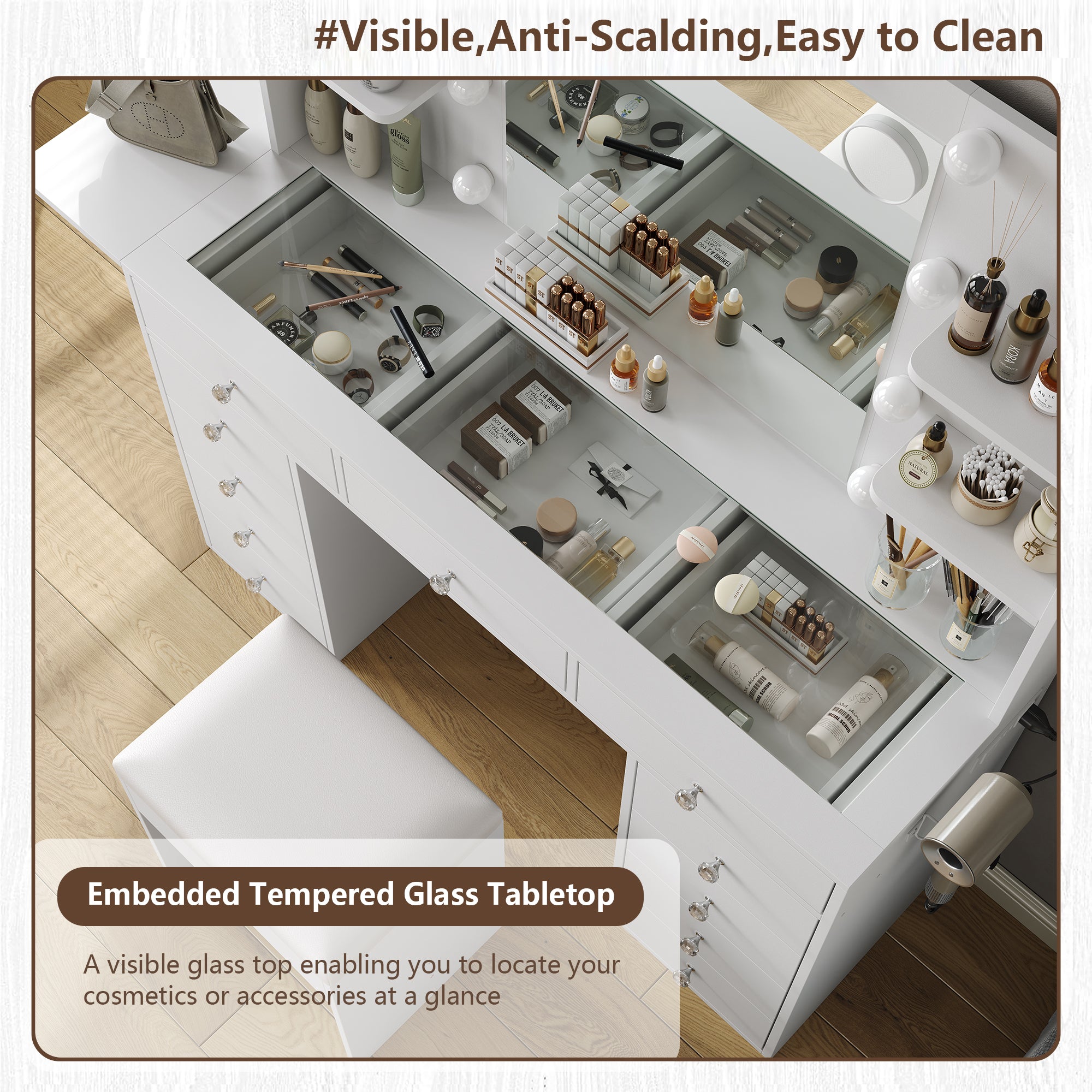 11-Drawer LED Mirror Vanity Desk - Vektaya