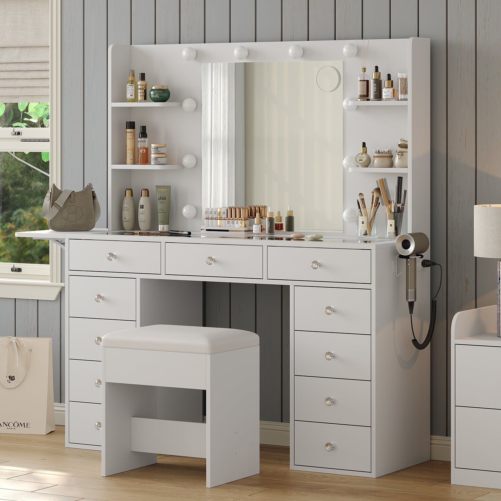 11-Drawer LED Mirror Vanity Desk - Vektaya