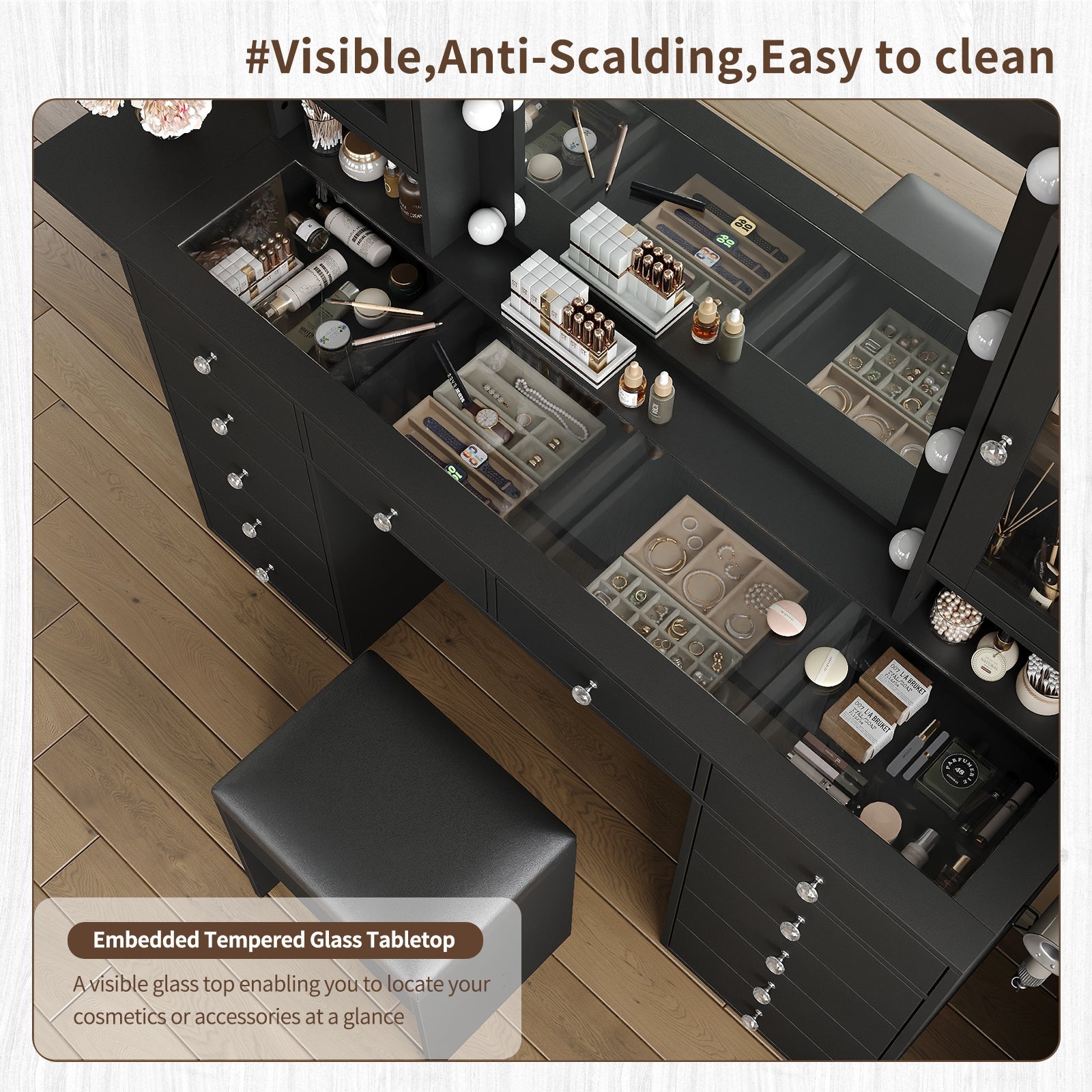 12-Drawer LED Mirror Vanity Desk - Vektaya