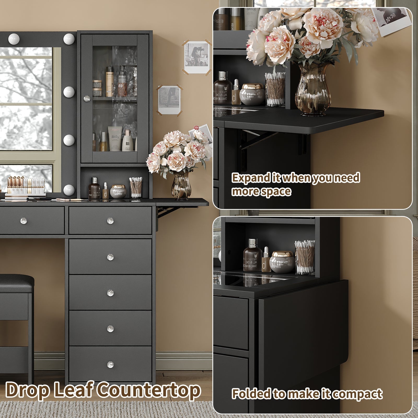12-Drawer LED Mirror Vanity Desk - Vektaya