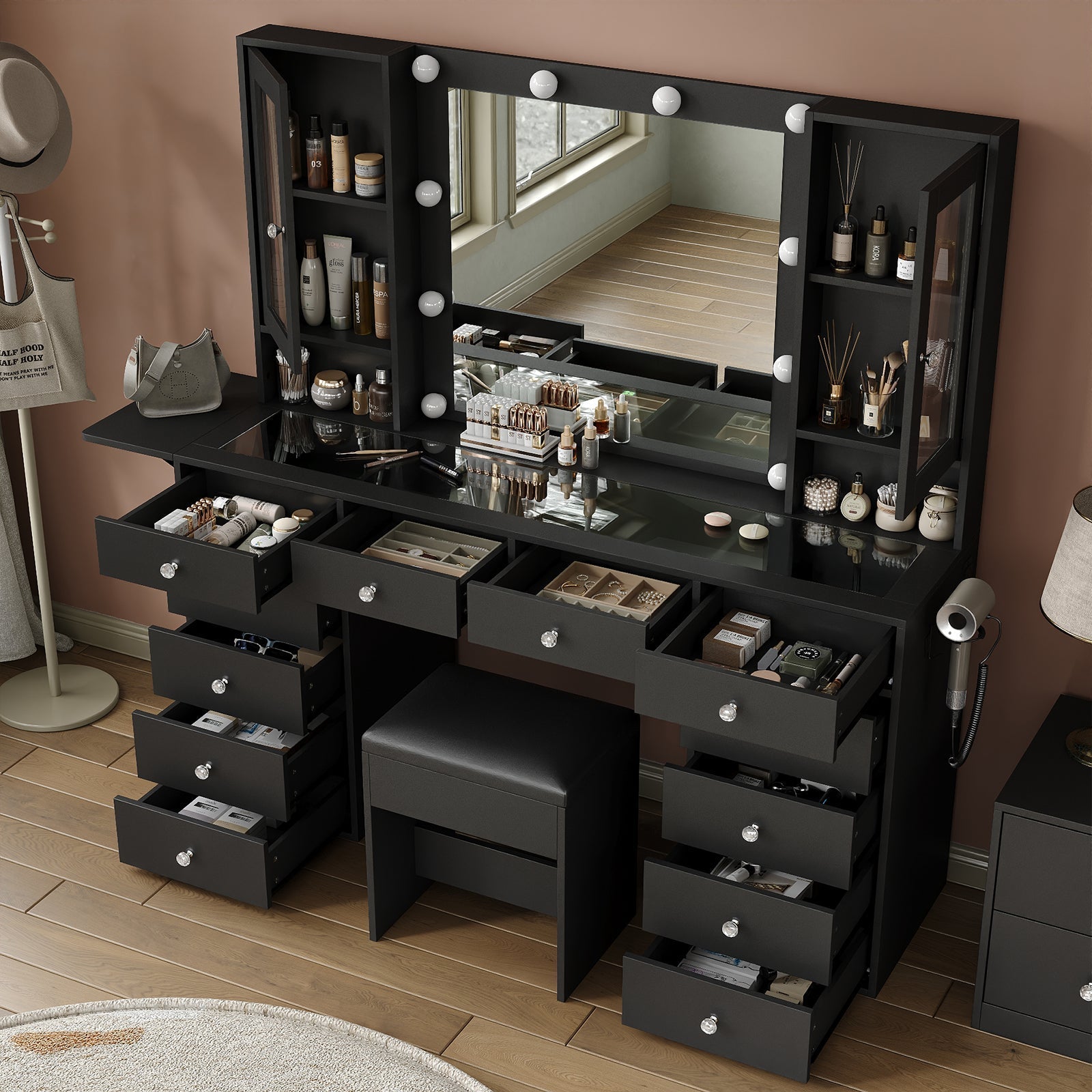 12-Drawer LED Mirror Vanity Desk - Vektaya