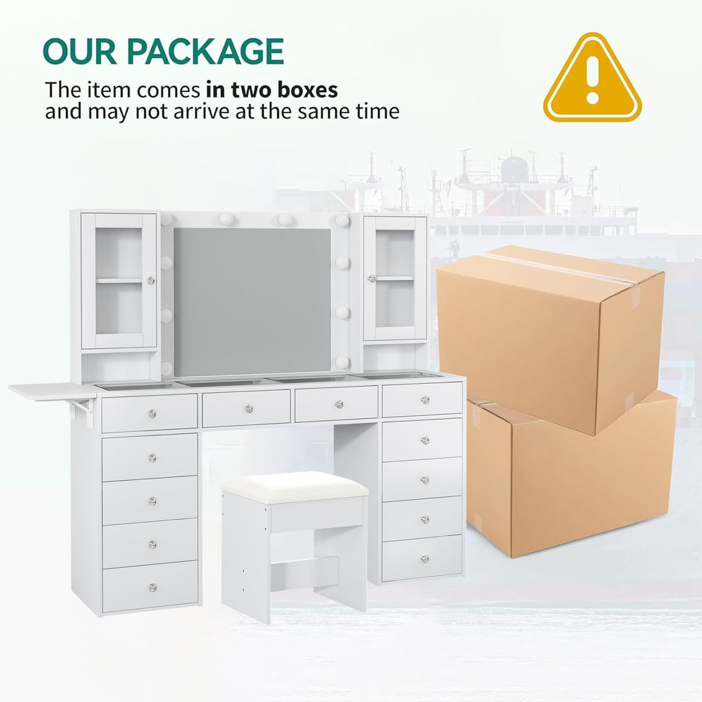 12-Drawer LED Mirror Vanity Desk - Vektaya