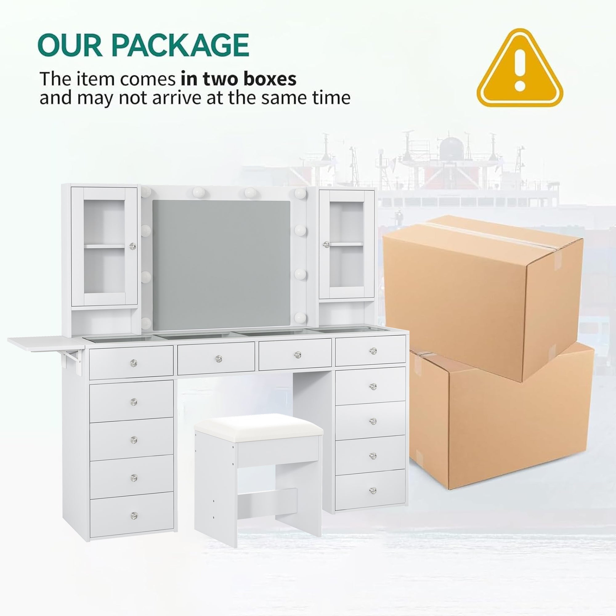 12-Drawer LED Mirror Vanity Desk - Vektaya