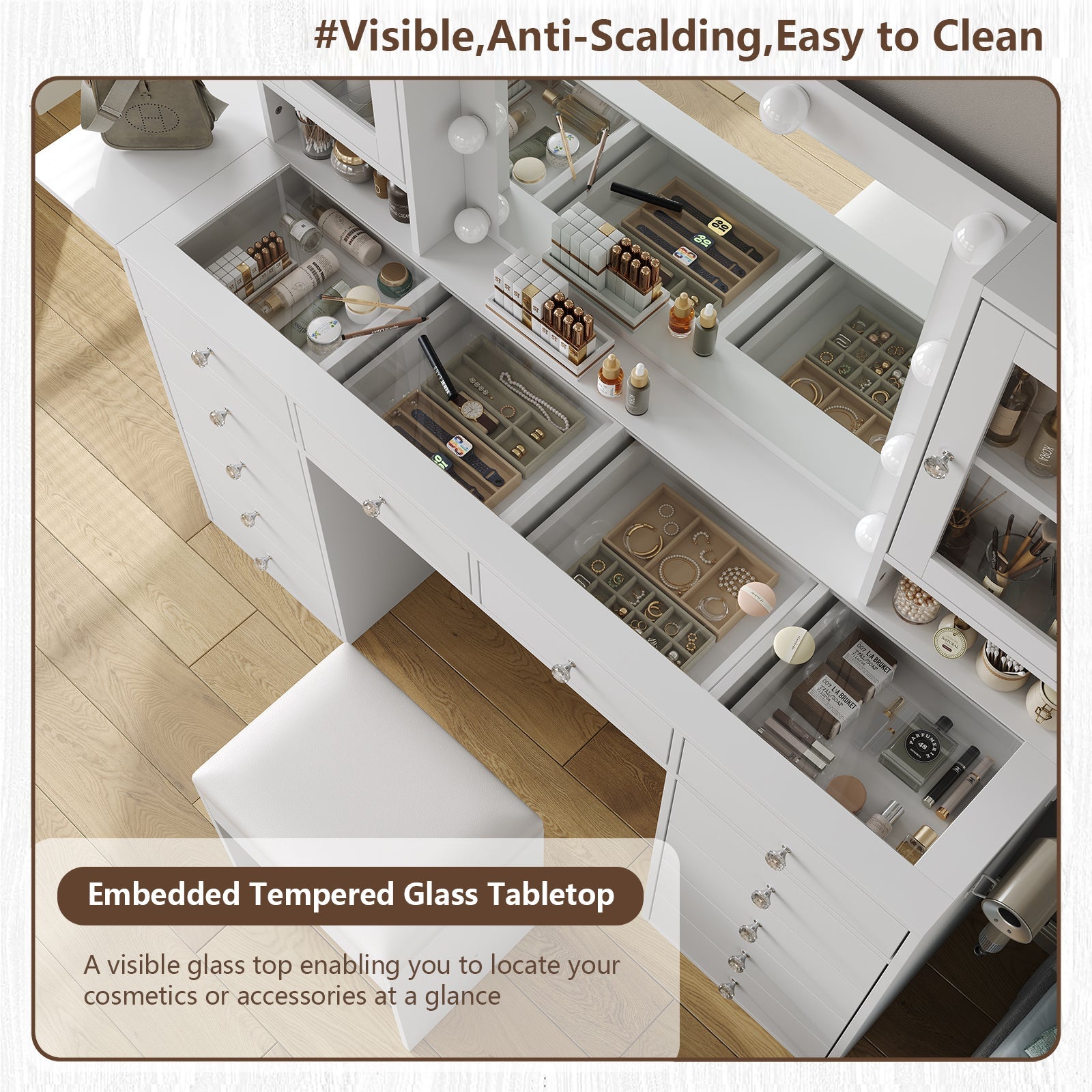 12-Drawer LED Mirror Vanity Desk - Vektaya