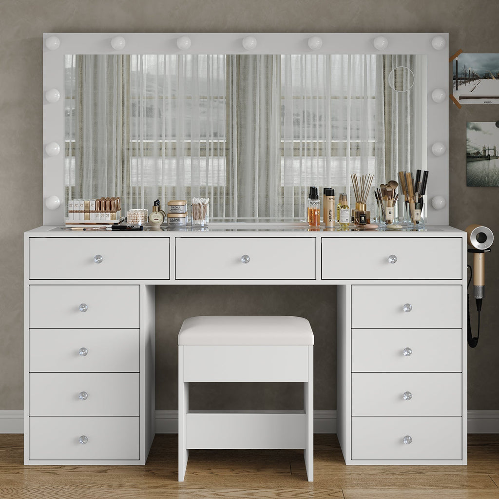 11-Drawer LED Mirror Vanity Desk - Vektaya