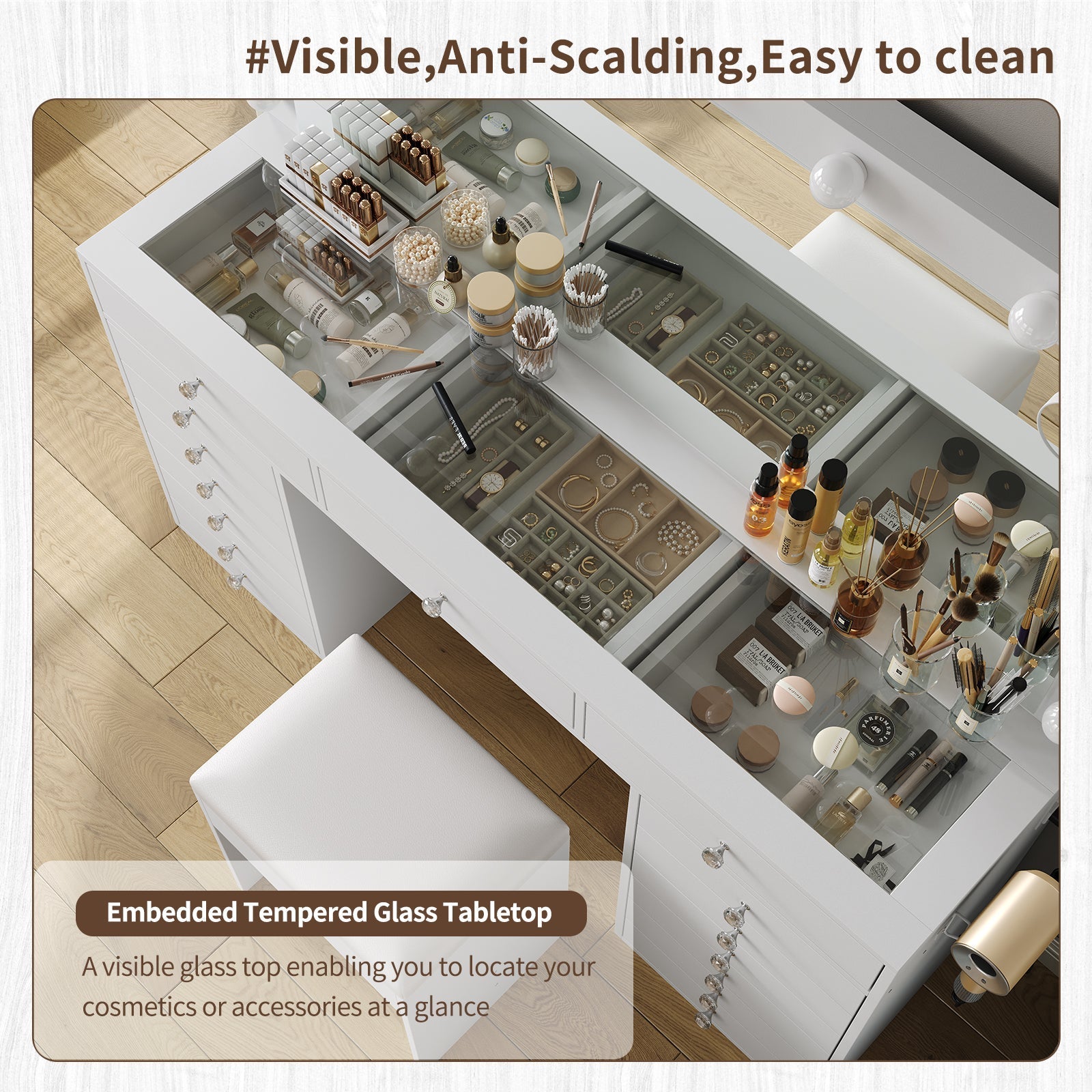 11-Drawer LED Mirror Vanity Desk - Vektaya