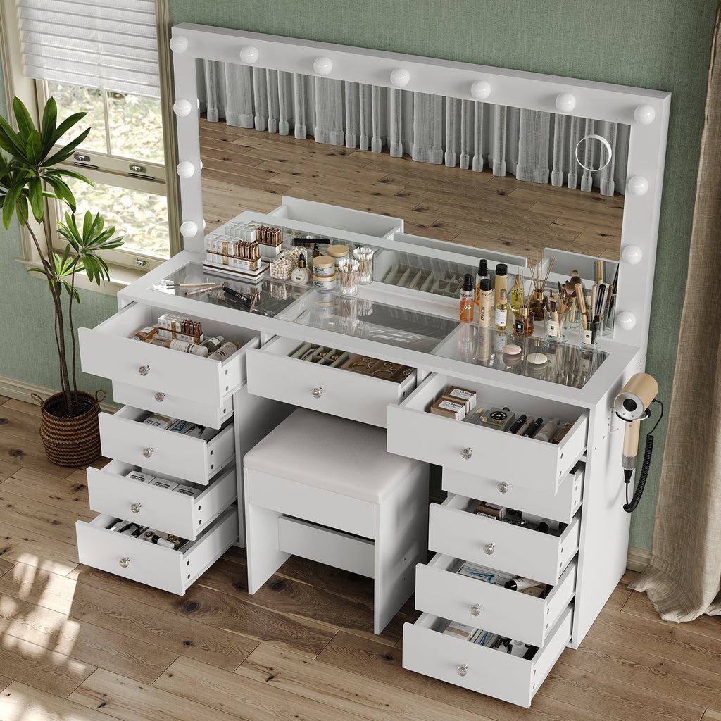 11-Drawer LED Mirror Vanity Desk - Vektaya