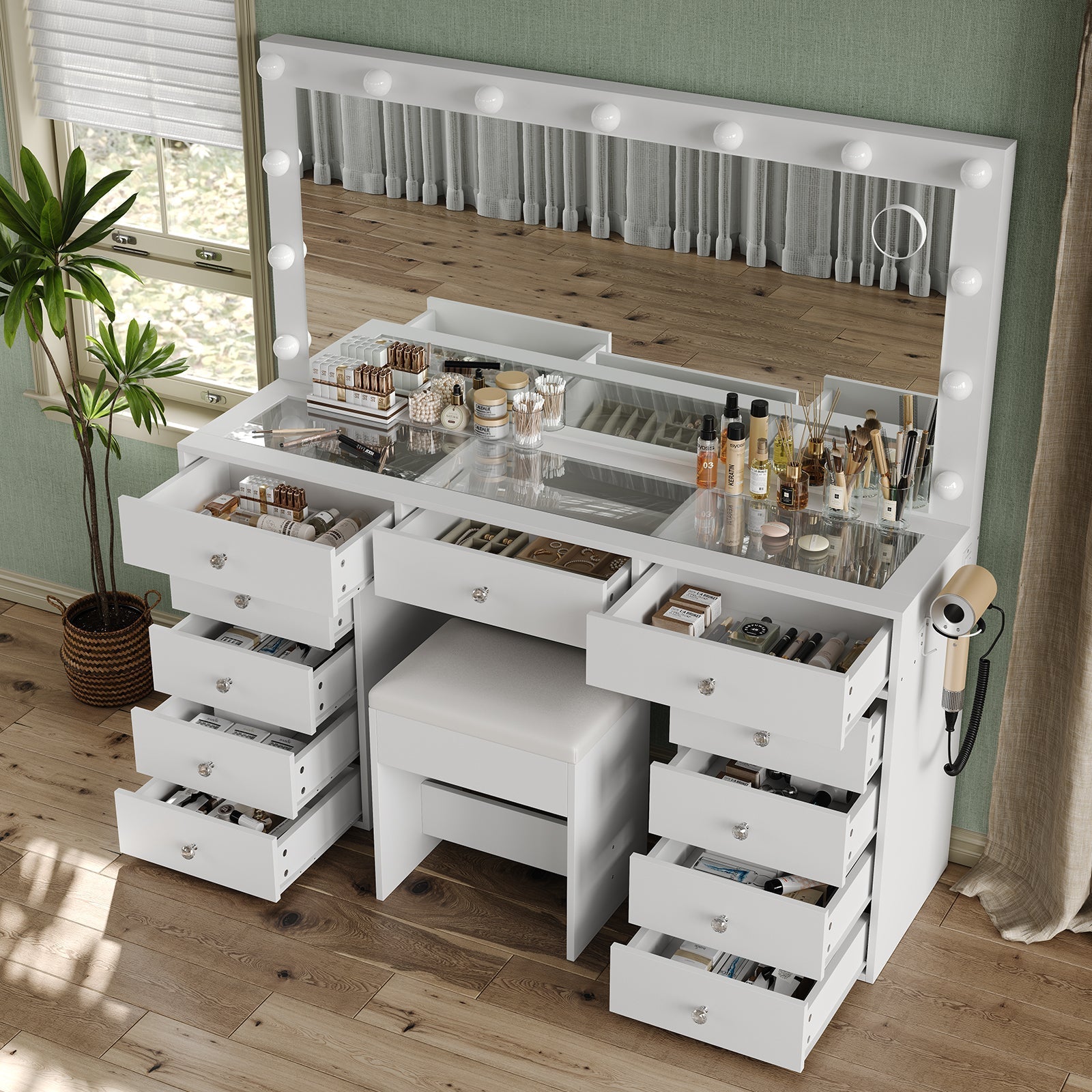 11-Drawer LED Mirror Vanity Desk - Vektaya