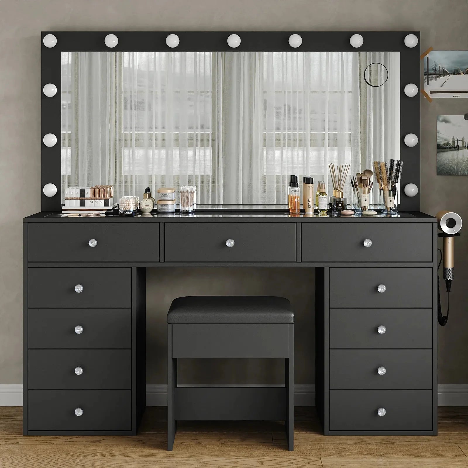 11-Drawer LED Mirror Vanity Desk - Vektaya