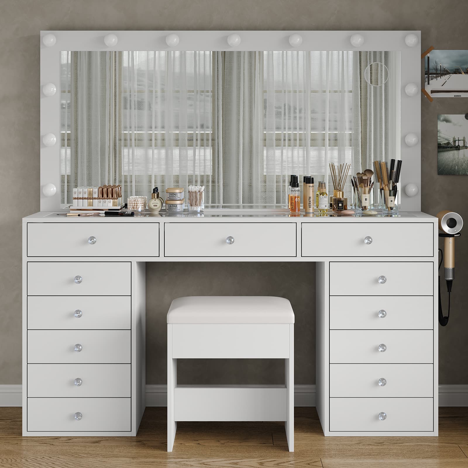 13-Drawer LED Mirror Vanity Desk - Vektaya