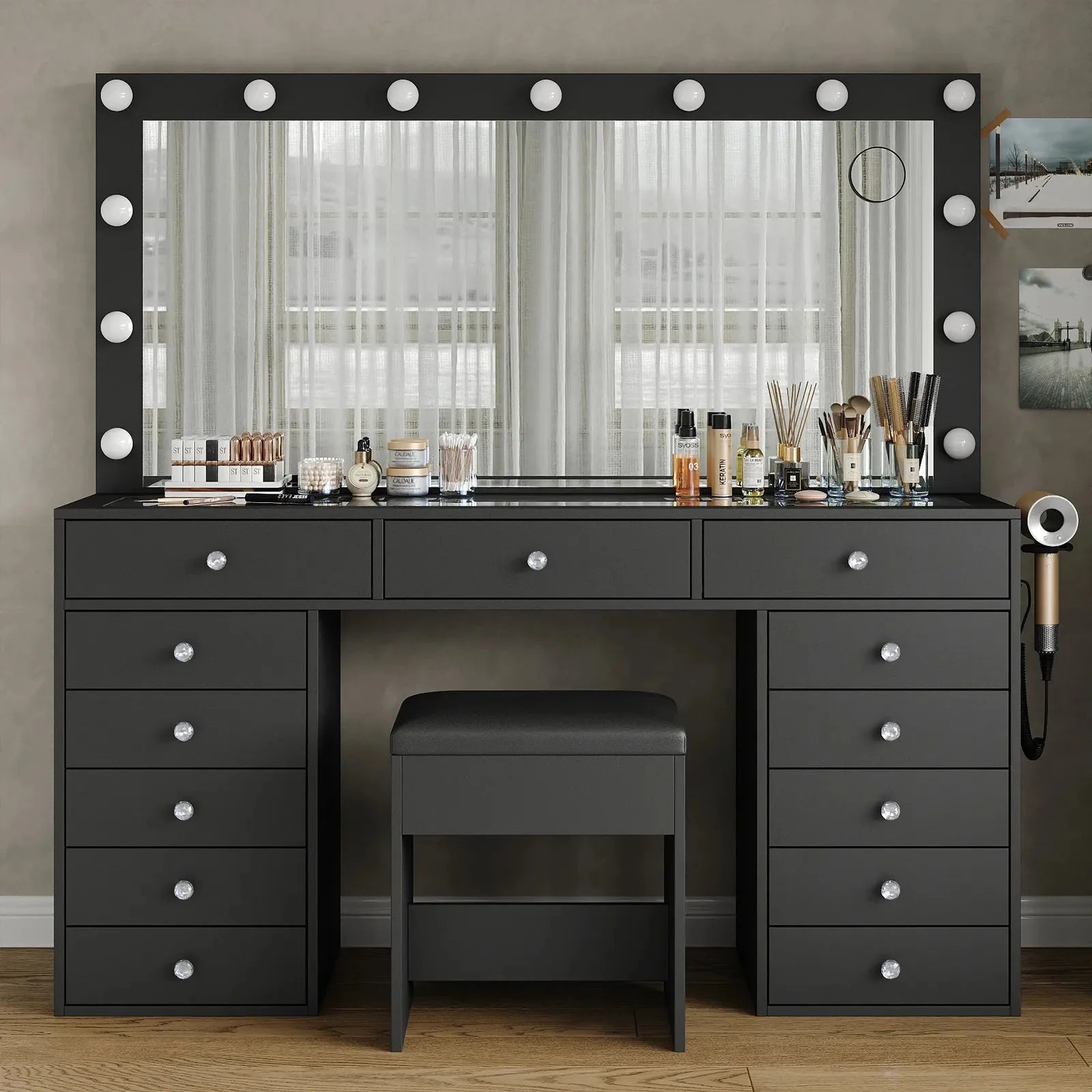 13-Drawer LED Mirror Vanity Desk - Vektaya