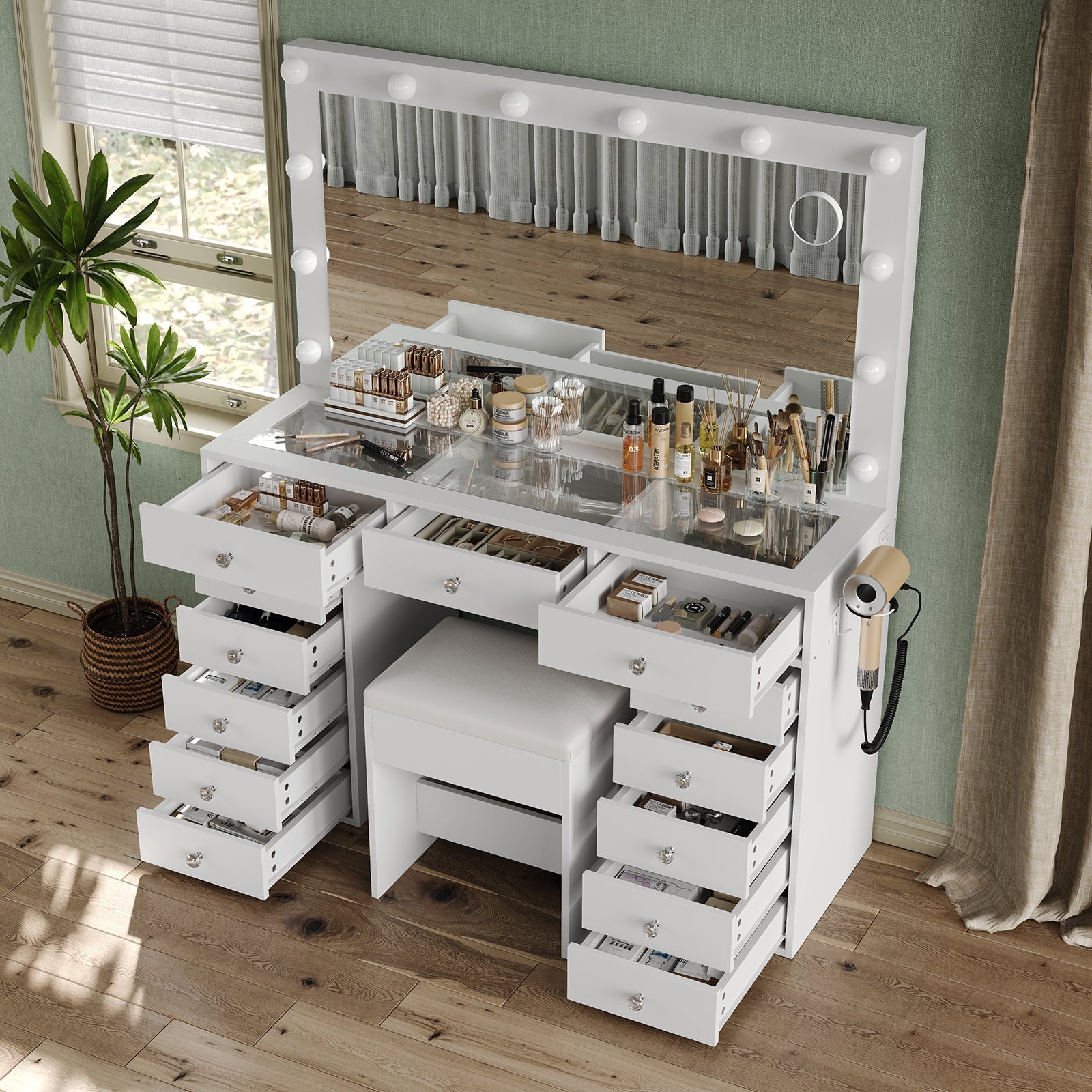 13-Drawer LED Mirror Vanity Desk - Vektaya